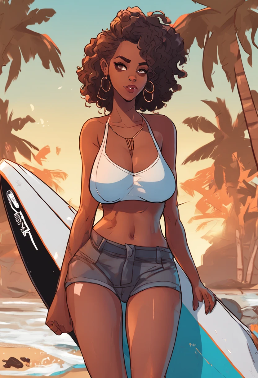 anime girl in short shorts and a white shirt standing next to a surfboard, commission for high res, full body portrait of a short!, official art, urban girl fanart, Solo, 1girl, huge breasts, cleavage, milf, plump, huge ass, thick thighs, dark skin, African woman is posing for an photo((seductive pose)), smug smile, red-orange eyes, long wavy hair, thicc ebony woman wearing, green and white bikini halter top with blue denim jacket and tight low-rider jeans (that expose a bit of her hips and rear), orange high-heeled sandals , Thick thighs, wide hips , (sfw) safe for work, loish |, official character art, official character illustration, black anime manga girl, waist up portrait, inspired by Tomer Hanuka, thick thighs, Perfectly detail hand that’s holding an surfboard, firm grip