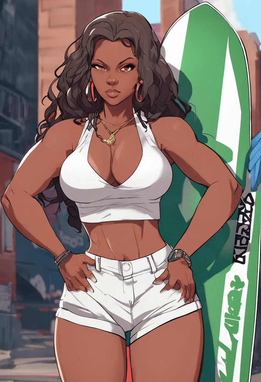 anime girl in short shorts and a white shirt standing next to a surfboard, commission for high res, full body portrait of a short!, official art, urban girl fanart, Solo, 1girl, huge breasts, cleavage, milf, plump, huge ass, thick thighs, dark skin, African woman is posing for an photo((seductive pose)), smug smile, red-orange eyes, long wavy hair, thicc ebony woman wearing, green and white bikini halter top with blue denim jacket and tight low-rider jeans (that expose a bit of her hips and rear), orange high-heeled sandals , Thick thighs, wide hips , (sfw) safe for work, loish |, official character art, official character illustration, black anime manga girl, waist up portrait, inspired by Tomer Hanuka, thick thighs, Perfectly detail hand that’s holding an surfboard, firm grip