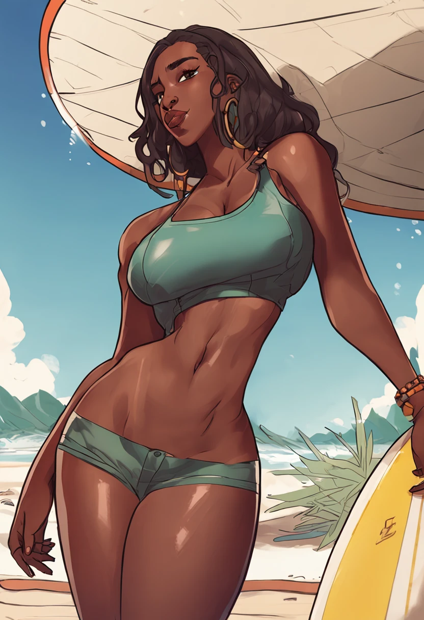 anime girl in short shorts and a white shirt standing next to a surfboard, commission for high res, full body portrait of a short!, official art, urban girl fanart, Solo, 1girl, huge breasts, cleavage, milf, plump, huge ass, thick thighs, dark skin, African woman is posing for an photo((seductive pose)), smug smile, red-orange eyes, long wavy hair, thicc ebony woman wearing, green and white bikini halter top with blue denim jacket and tight low-rider jeans (that expose a bit of her hips and rear), orange high-heeled sandals , Thick thighs, wide hips , (sfw) safe for work, loish |, official character art, official character illustration, black anime manga girl, waist up portrait, inspired by Tomer Hanuka, thick thighs, Perfectly detail hand that’s holding an surfboard, firm grip