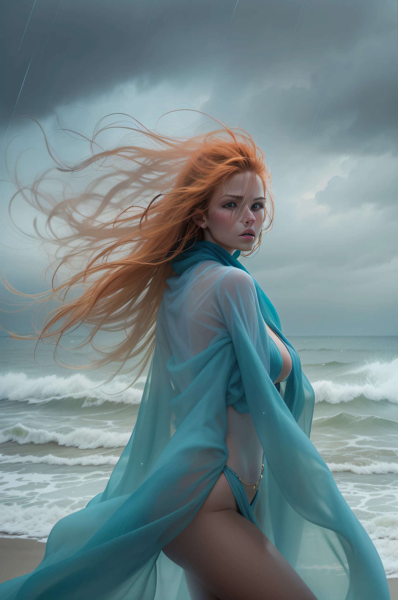 A portrait of a naked mystery of a flapping short Oranje-haired tanned Lady,  dancing in an ice blue fully transparent poncho on the sand of a beach with violent storm winds and the very high waves of the sea approaching threateningly. She is Beautiful but she is...!!