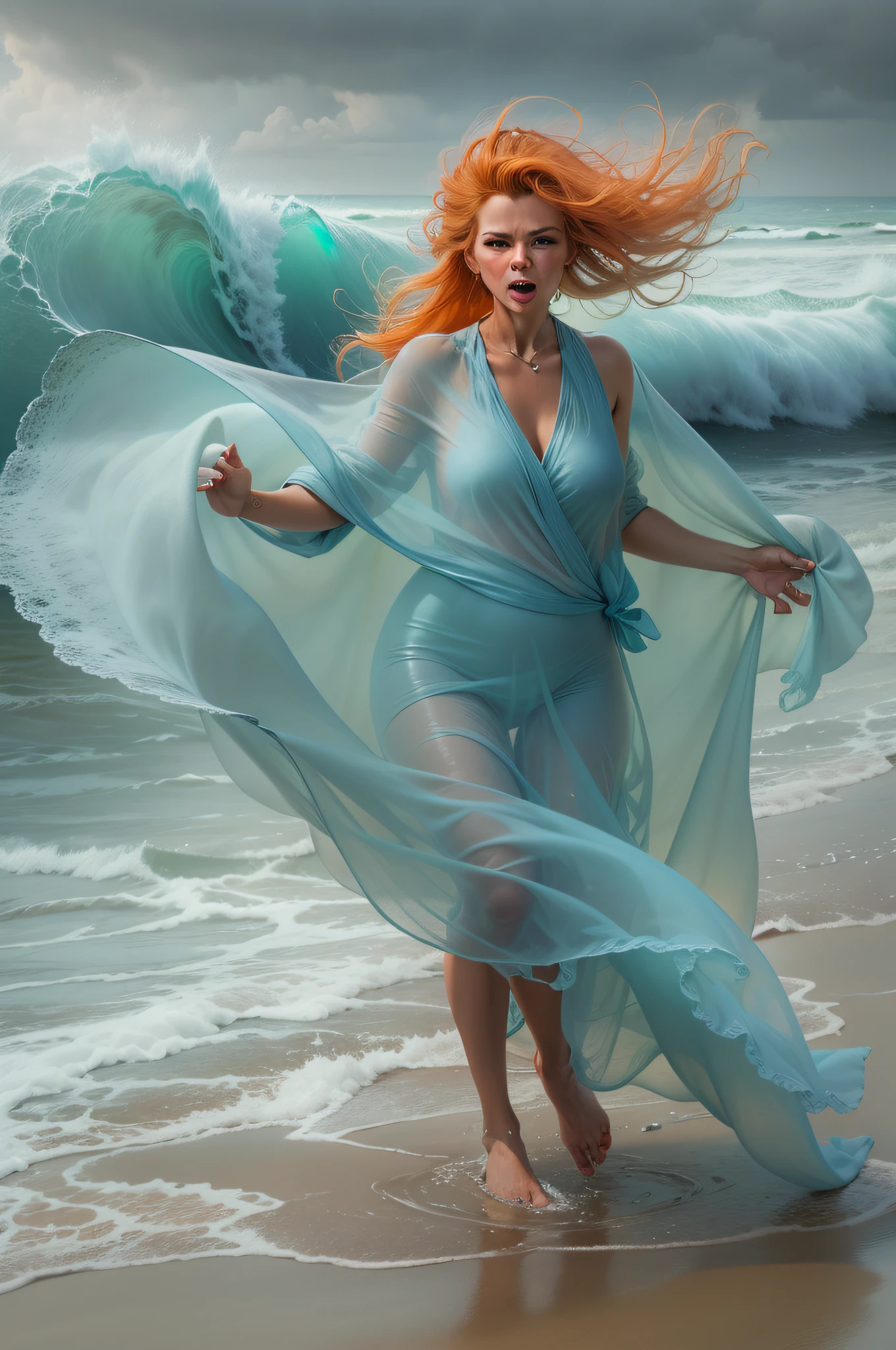 A portrait of a naked mystery of a flapping short Oranje-haired tanned Lady,  dancing in an ice blue fully transparent poncho on the sand of a beach with violent storm winds and the very high waves of the sea approaching threateningly. She is Beautiful but she is...!!