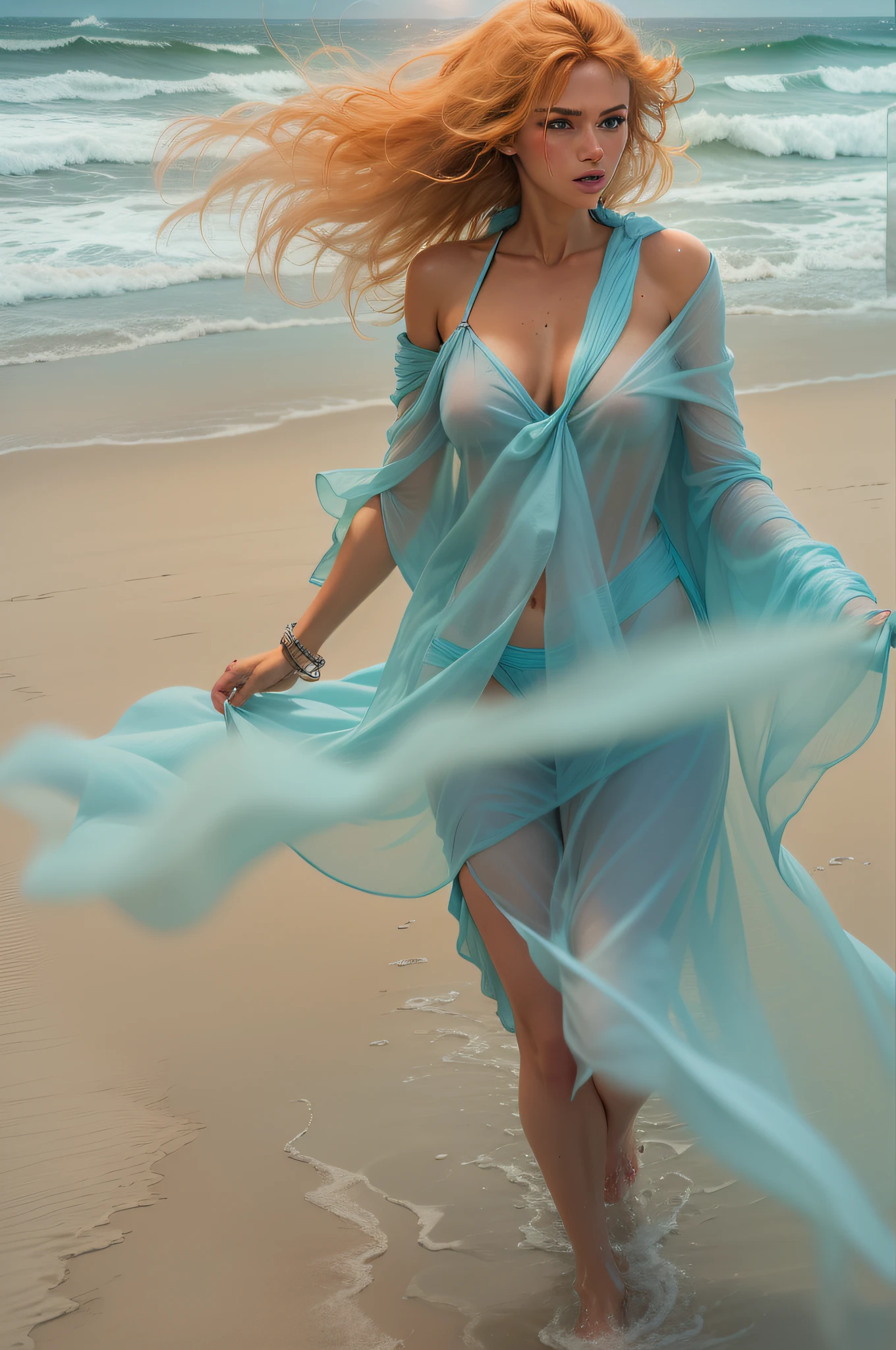 A portrait of a naked mystery of a flapping short Oranje-haired tanned Lady,  dancing in an ice blue fully transparent poncho on the sand of a beach with violent storm winds and the very high waves of the sea approaching threateningly. She is Beautiful but she is...!!