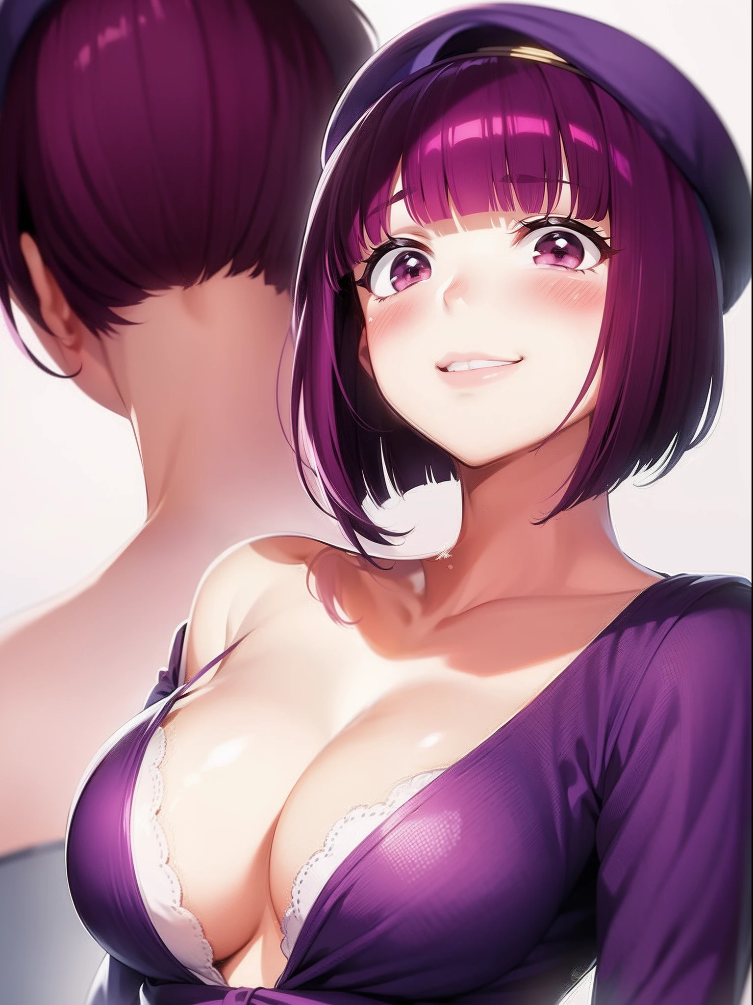 1 girl, Graduation Bob, Straight short hair, Medium violet redhead, Medium Violet Red Eyes, big drooping eyes, Little Blue Beret, selfish, smug face