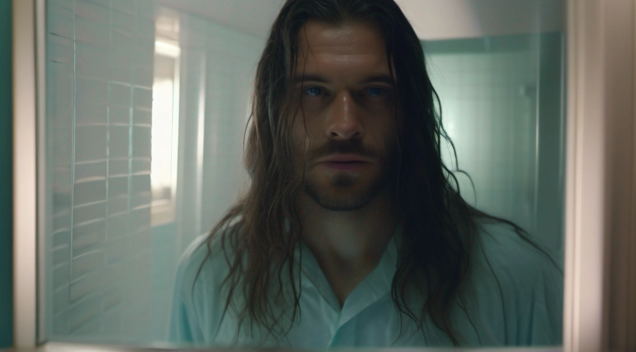 Medium and close-up,Men with medium and long hair,Wet hair,Look at the bathroom mirror,Blue-green ambient light,One hand covers the eyes, Ultra-realistic detail 8K intricate high resolution Highly realistic details Sharp focus Large definition horror movie scenes LDSR effect chromatic aberration lens 50 mm aperture f 1.8 Dark and sinister Great Light Great composition