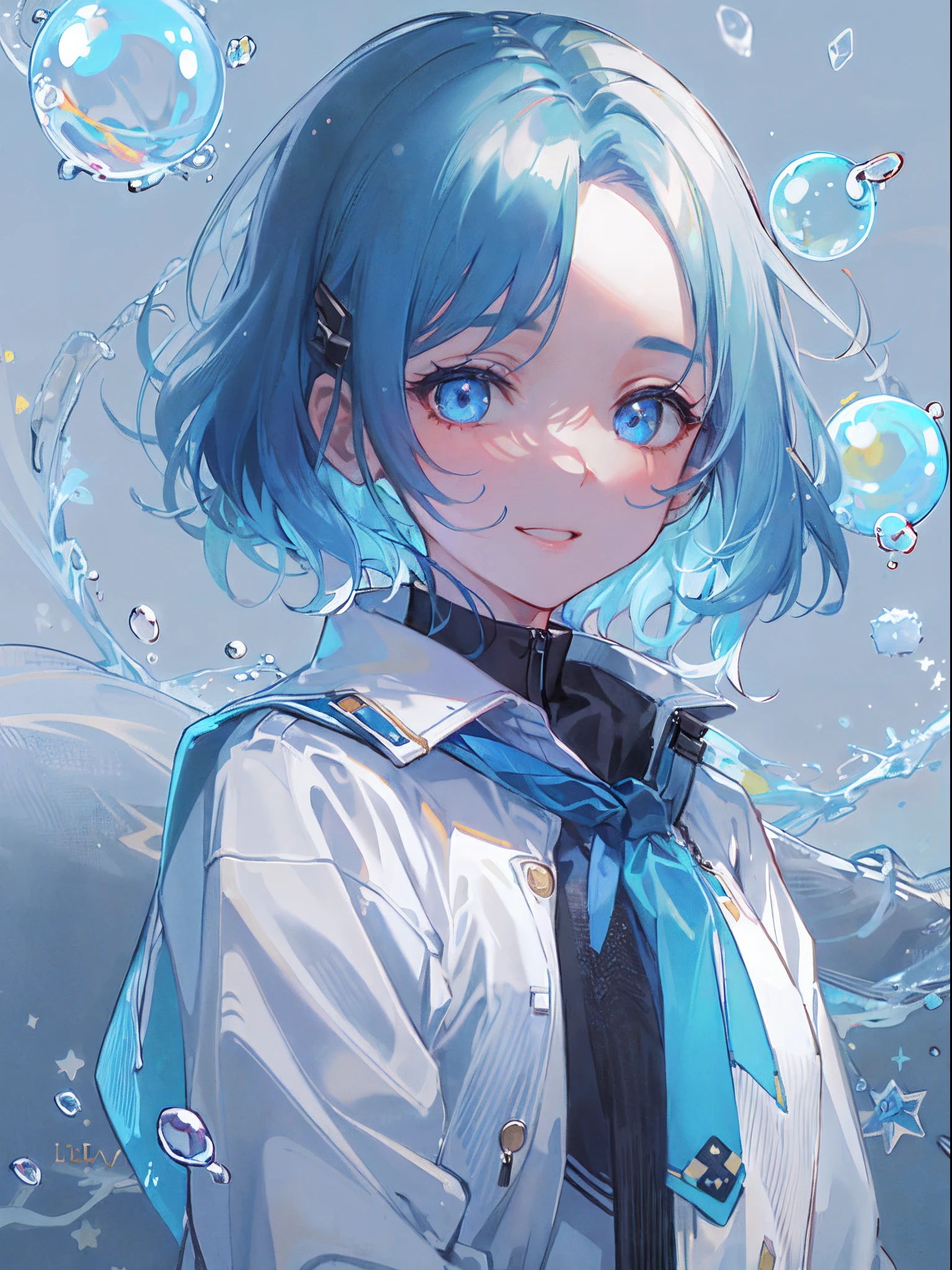 ((top-quality)), ((masterpiece)), ((ultra-detailliert)), (extremely delicate and beautiful), girl with, 独奏, cold attitude,((Black jacket)),She is very(relax)with the(Settled down)Looks,A dark-haired, depth of fields,evil smile,Bubble, under the water, Air bubble,bright light blue eyes,Inner color with light blue hair and dark blue tips,Cold background,Bob Hair - Linear Art, shortpants、knee high socks、White uniform like school uniform、Light blue ribbon ties、Clothes are sheer、Hands in pockets