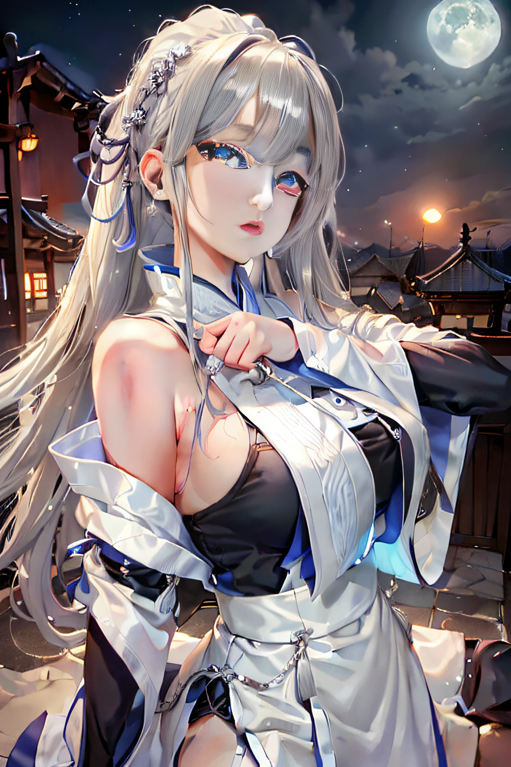 (Best quality, High-res, Realistic), Moon, Silver-haired girl, Detailed eyes, Flowing Hanfu, sword, Fierce expression