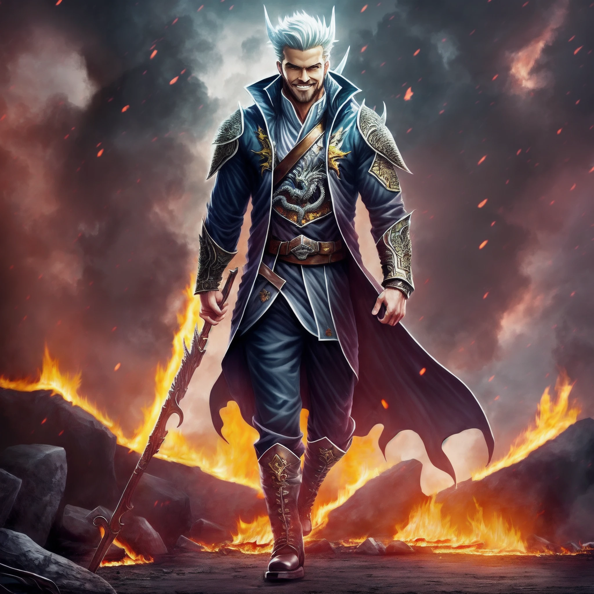 Muscular man, alone, white windbreaker, white long pants, white hair, black locks of hair, Japanese-looking man, dragon horns, violet-colored military boots, evil smile, dark brown eyes, fantasy scenery, walking through the flames of darkness.