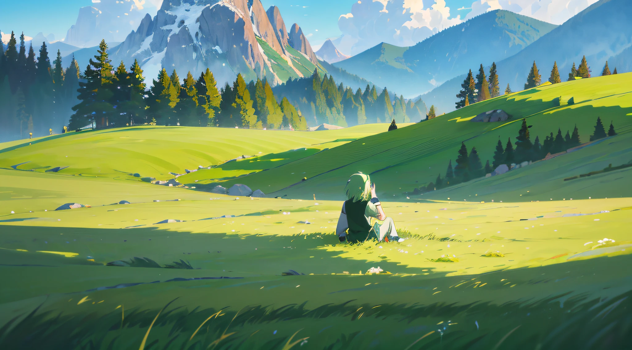 Masterpiece, ultra stylized mountain grass greenish, anime style 2d drawing cinematic grass shot, ambience shot, relaxing and calming, waving green grass on a green field on a mountain, 4k, Ultra realistic anime stylized