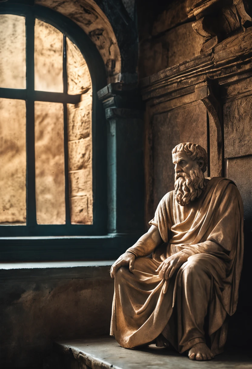Cinematic photo of Greek philosopher Plato sitting looking forward. Seneca Philosopher