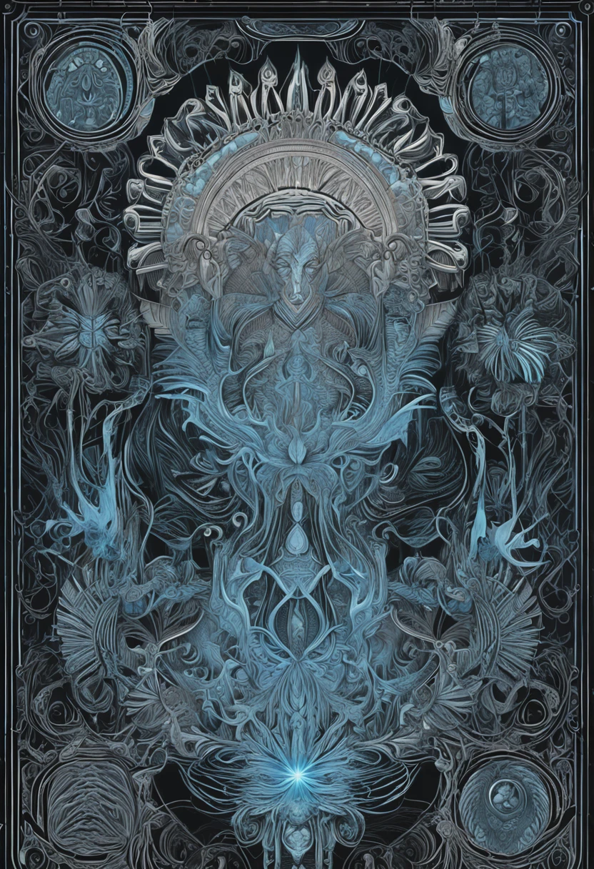 Elpis the spirit of hope, by Tradd Moore, Black paper with intricate and vibrant light blue line work ::2 Tarot Card ::2 Mandelbulb Fractal, Full of silver layers, Portrait, Incredible light blue and black gothic illustration, Exquisite detail ::1.5