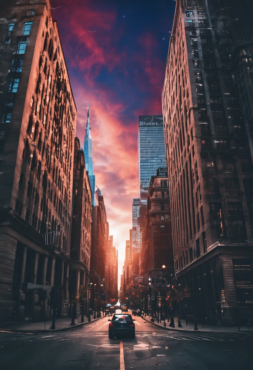 Real photo of Wall Street with financial chart in the sky.