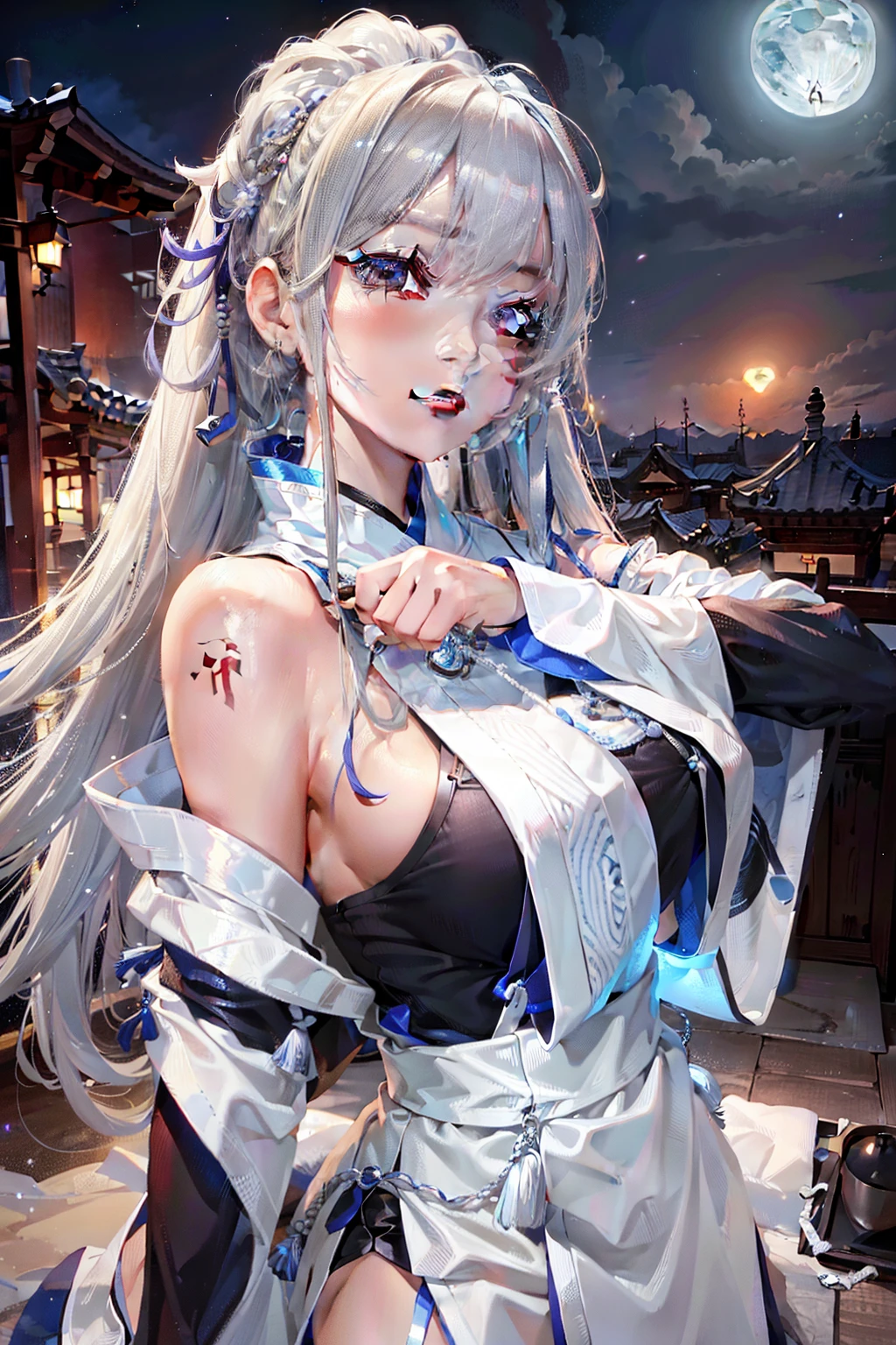 (Best quality, High-res, Realistic), Moon, Silver-haired girl, Detailed eyes, Flowing Hanfu, sword, Fierce expression