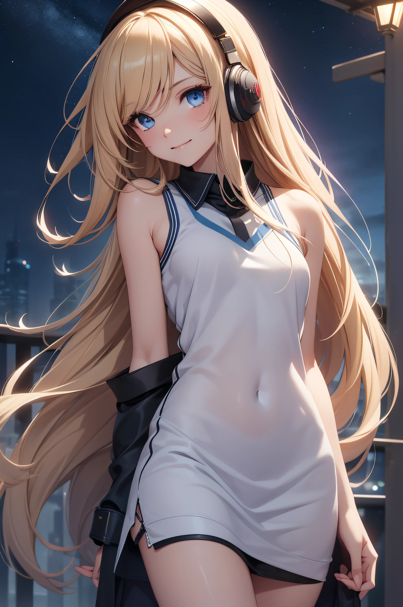 Best Quality、in 8K、32K、masutepiece、ultra-detailliert、超A high resolution、Impresionismo、Photorealsitic:1.2)、Dynamic lighting、dynamic shot、Detailed 3D rendering、Moody lighting、Detailed beautiful face and eyes、A slender、Medium bust、Full body、 Highly detailed background beauty face、Night sky background、20-year-old beauty、super detailed skin、Golden hair、The long-haired、Blue eyes、miscievous smile、uniform、full body Esbian、Shoot in Pull、Wearing headphones、White tank top for upper body、Lower body miniskirt