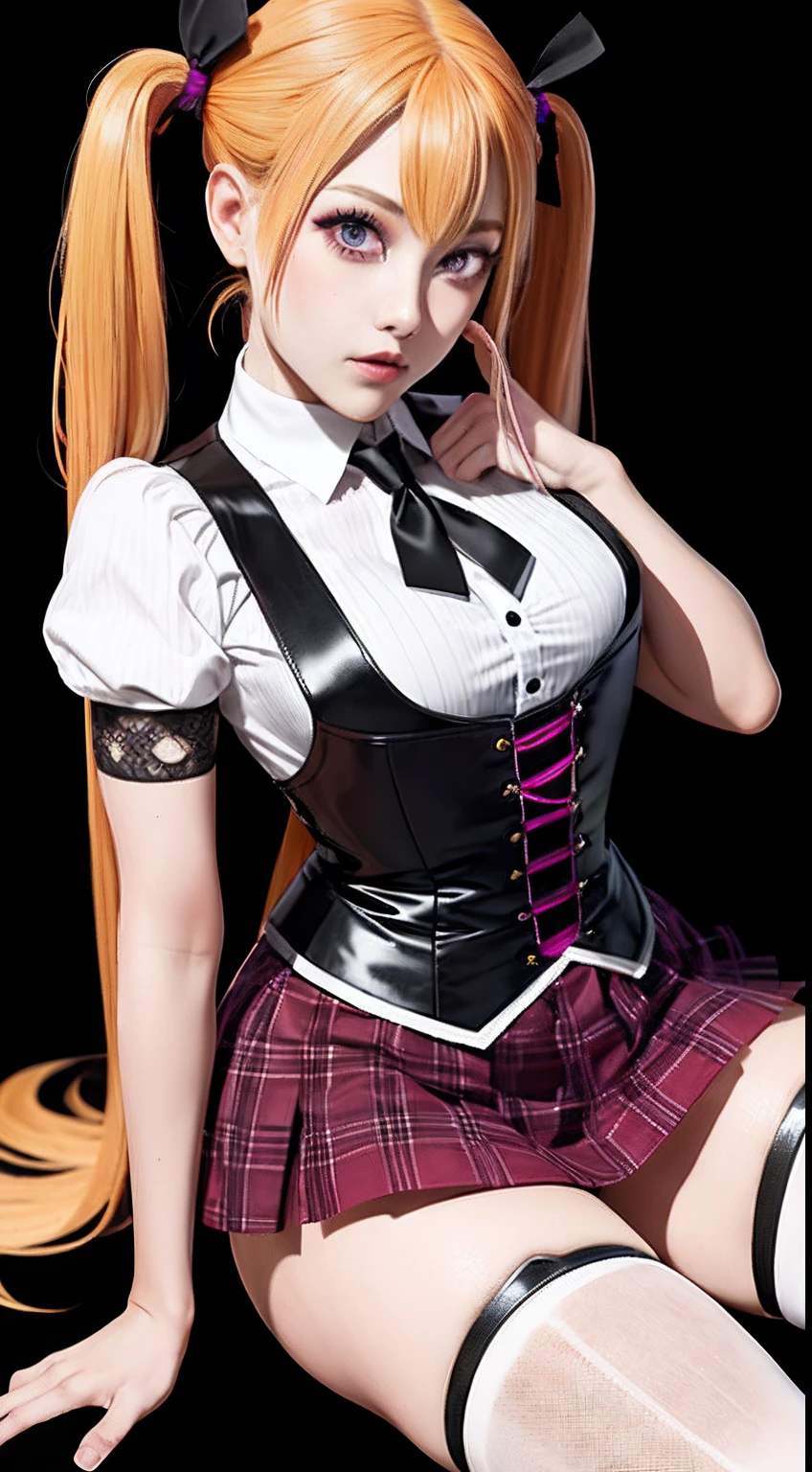 1girl, solo, ahoge, purple eyes, blonde hair, twintails,very long hair, orange hair tie, school uniform, (vest-corset on stomach with 2 long triangular extensions over the skirt), white buttons on vest-corset, (stripped shirt with short sleeves under the vest-corset), (the edges of the sleeves are close to the arms), (black colored thick ribbon on neck), (short magenta colored skirt),