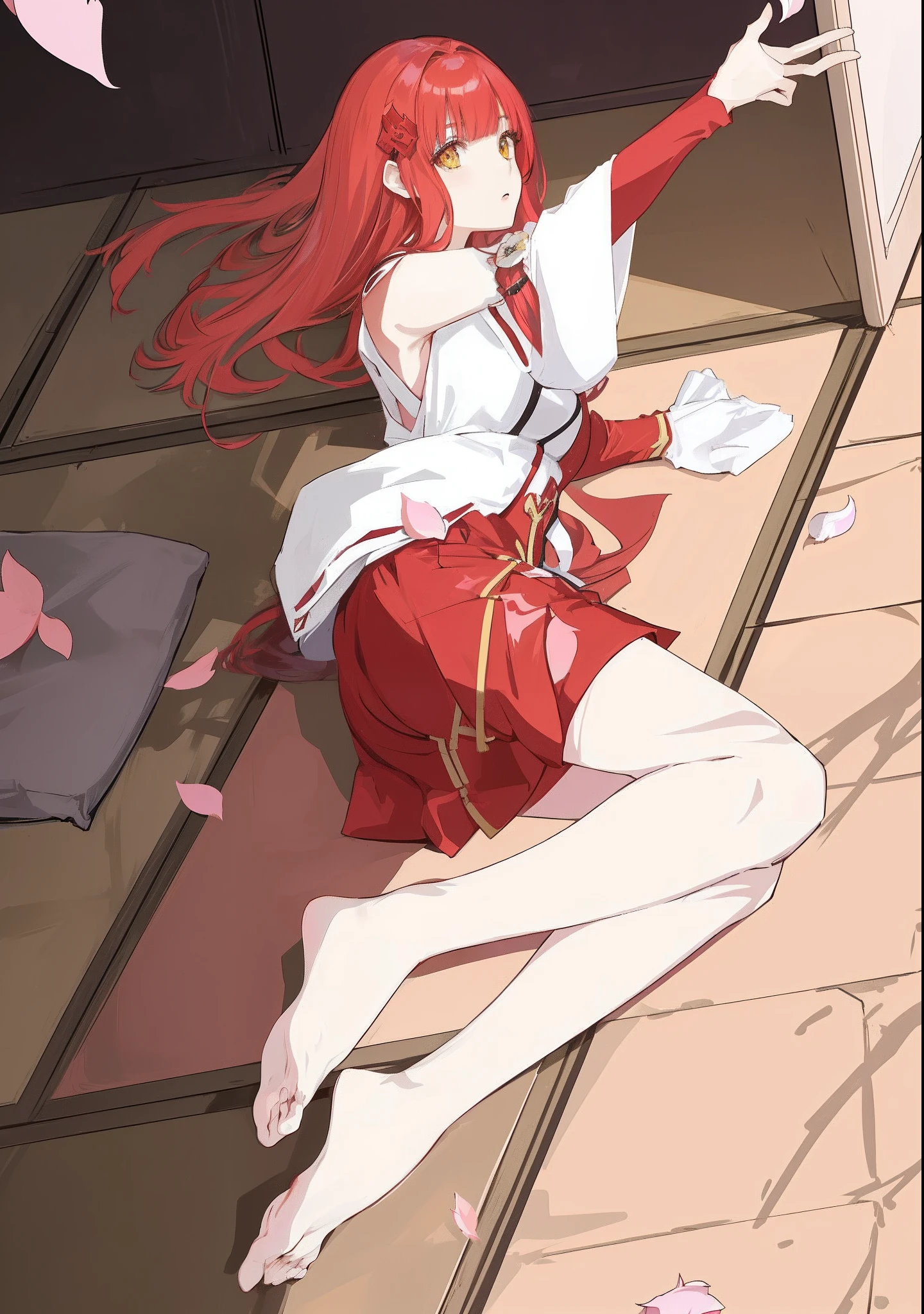 tmasterpiece,HighestQuali,Anime girl lying on the floor in witch costume,Red long-haired,Yellow eyes,White witch costume,,arms out, rias gremory, Ayaka Genshin impact, anime visual of a cute girl, ayaka game genshin impact, Marin Kitagawa fanart, cute anime waifu in a nice dress, Smooth anime CG art, sakura petals around her, azur lane style