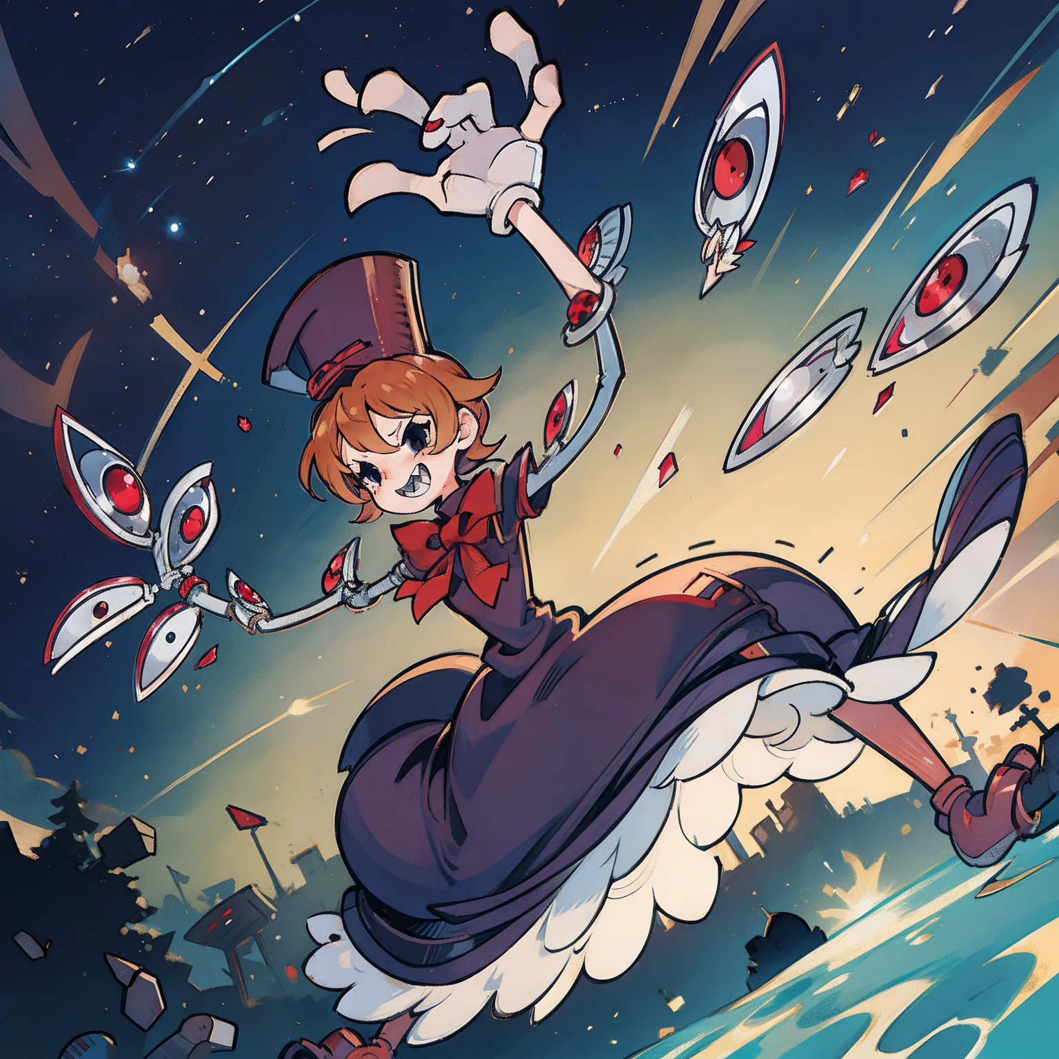 sgpeacock, 1girl, short hair, sharp teeth, (mechanical arms:1.2), bow, hat, dress, perfect anatomy, solo