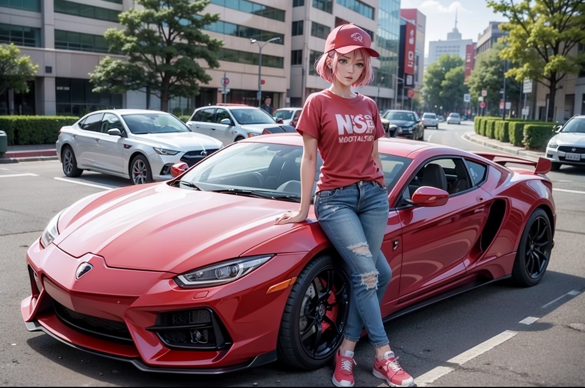 Sakura from the Naruto anime, short hair, pink hair, beautiful, beautiful woman, very beautiful, wearing a red t-shirt, short jeans, pink Nike shoes, wearing a red baseball cap, standing, leaning against a car, car, red Lamborghini, being in parking area, viewing audience, masterpiece, textured skin, super detail, high details, high quality, best quality, 1080P, HD, 16k