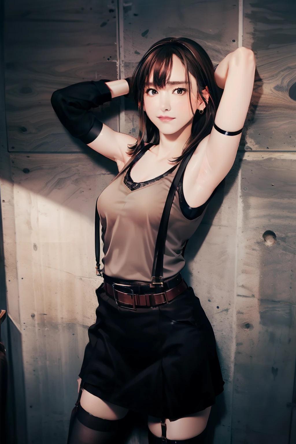Black skirt, suspenders, Brown hair Gray eyes, Garter belt on the legs, Tight clothes, a belt Armpit sweat deadpan Moderate breasts tank top
