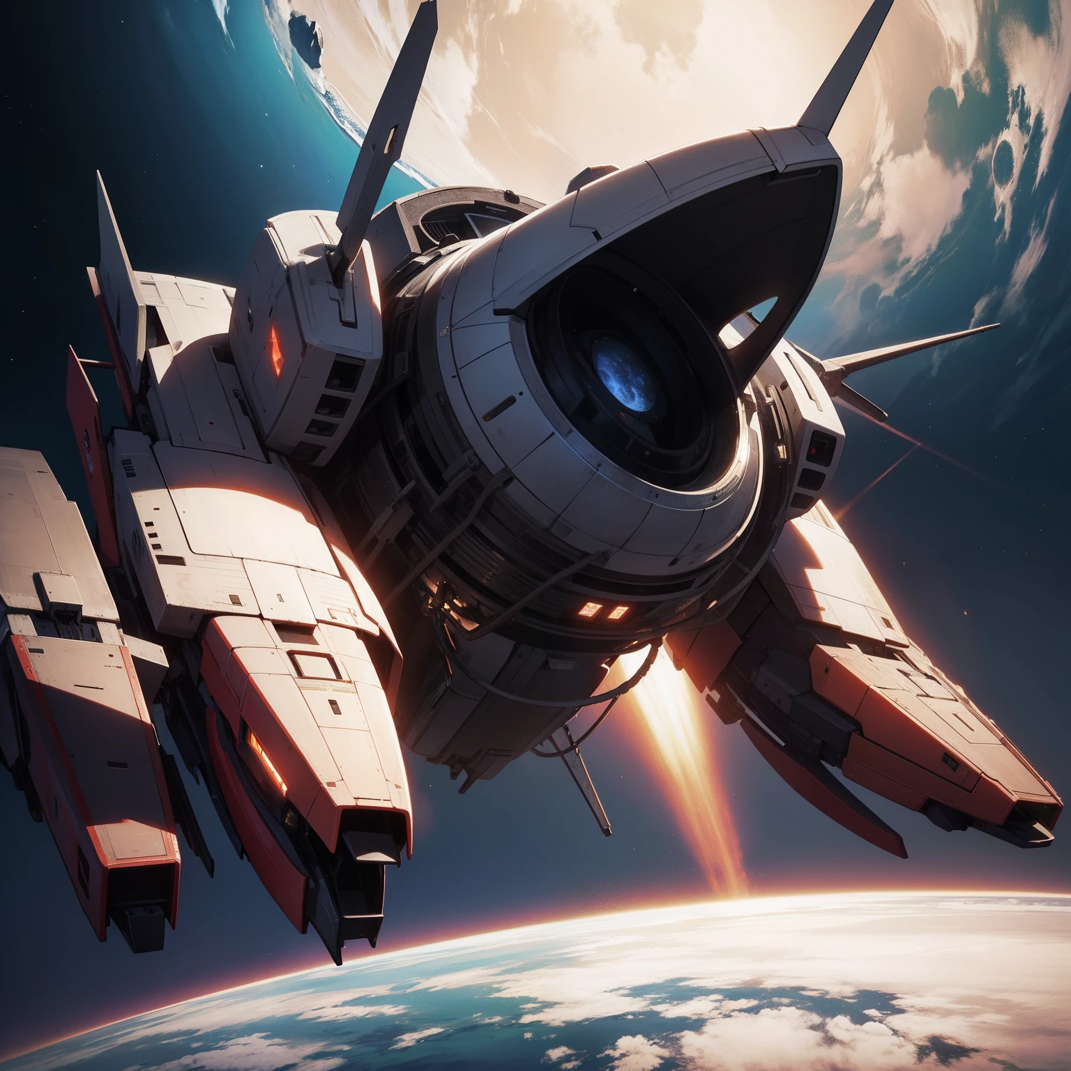 (best quality,4k,8k,Alto:1.2),ultra-detalhado,Realistic:1.37,spaceship,vermelho e branco e preto e dourado,cena espacial,Terra em segundo plano.