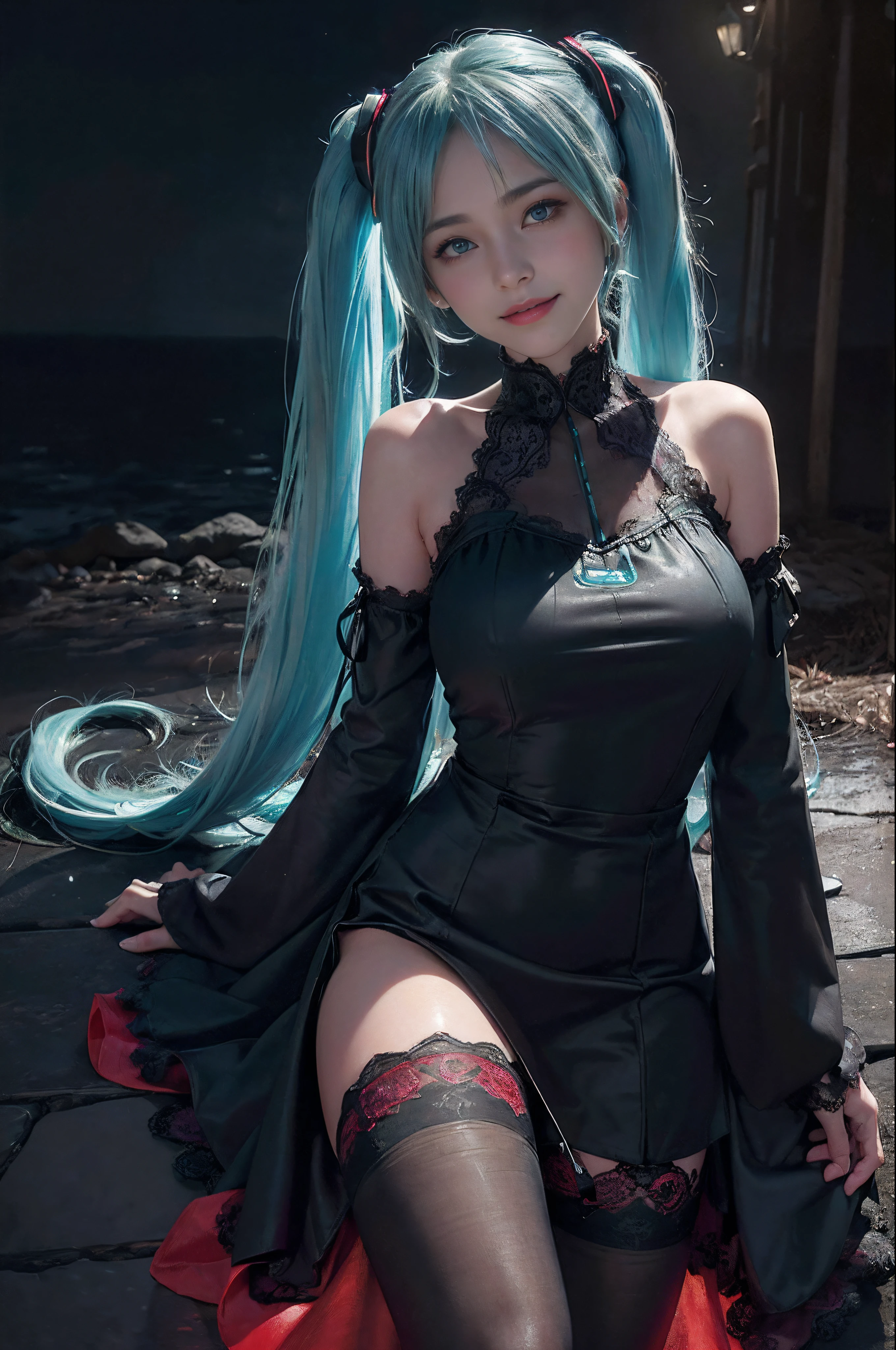 (((hatsune miku charakter))), (((tosca hair color))), ((long twin tail hair with pony)), looking at the view, eyes on the view, (((perfect eyes))), (((smile))), 21 years old girl, perfect body, (((perfect anatomy))), tosca eye color, double eyelids, (((huge breasts))), Highly detailed skin texture, (Realistic skin), Ultra-Detailed Face, Detailed Lips, (((Detailed Eyes))), (((Double Eyelids))), nacklaces, wet skin, wet hair, simple background, (front focus), (in the dark:1.6), (((night vibe))), deep dark, Hyperrealist portrait of female by david hockney and alphonse mucha, fantasy art, (((photo realistic))), ((dynamic pose)), (((world model pose))), dynamic lighting, artstation, poster, volumetric lighting, very detailed faces, 4 k, in the dark, (((night vibe))), ((deep shadow)), low key, cowboy shot, (((red long dress))), lighting dress, (((erotic lace dress))), (((stockings)))