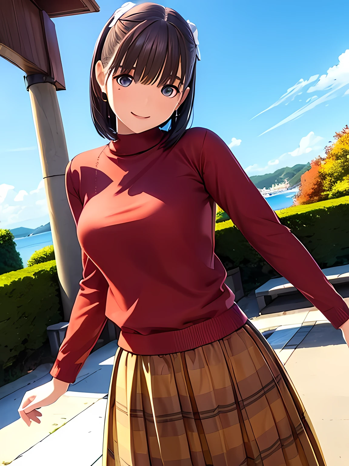 hight resolution,in 8K,Best Quality,detaileds,semi - realistic anime,Anime 3D Style,Smooth Anime CG,1 girl in,20 year old woman in Japan,slim,modeled,shiny chestnut hair,Medium Hair,Detailed face,Beautiful and detailed eyes,Glowing skin,((Red sweater shirt)),Half-length,((Long skirt with brown plaid pattern)),Smile with open mouth,autumnal
