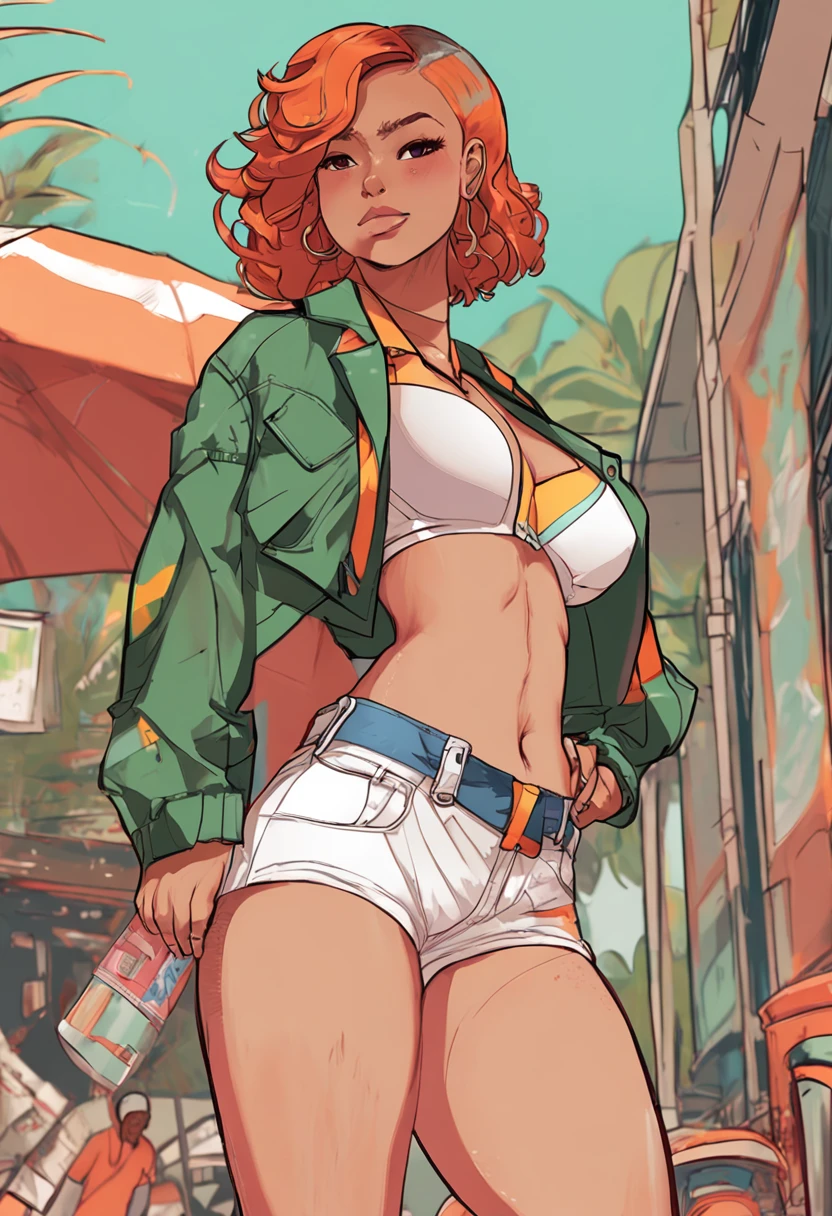 anime girl in short shorts and a white shirt standing next holding a surfboard, she has red-orange eyes, short wavy hair, thicc ebony woman wearing, green and white bikini halter top with blue denim jacket and tight low-rider jeans (that expose a bit of her hips and rear), orange high-heeled sandals commission for high res, full body portrait of a short!, official art, urban girl fanart, Solo, 1girl, huge breasts, cleavage, milf, plump, huge ass, thick thighs, dark skin, African woman is posing for an photo((seductive pose)), smug smile, , Thick thighs, wide hips , (sfw) safe for work, loish |, official character art, official character illustration, black anime manga girl, waist up portrait, inspired by Tomer Hanuka, thick thighs, Perfectly detail hand that’s holding an surfboard, firm grip