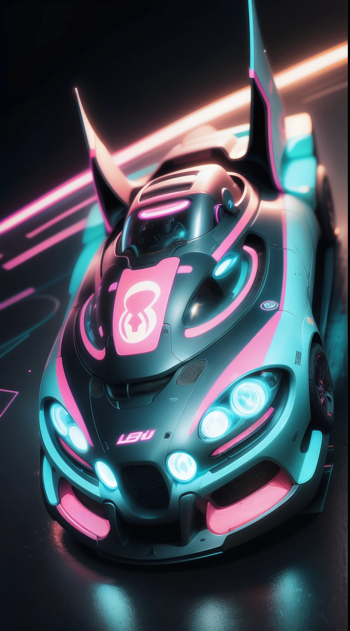 Vista of a neon-lit cityscape, The car is speeding on a high-speed track, Leave a wisp of neon light.