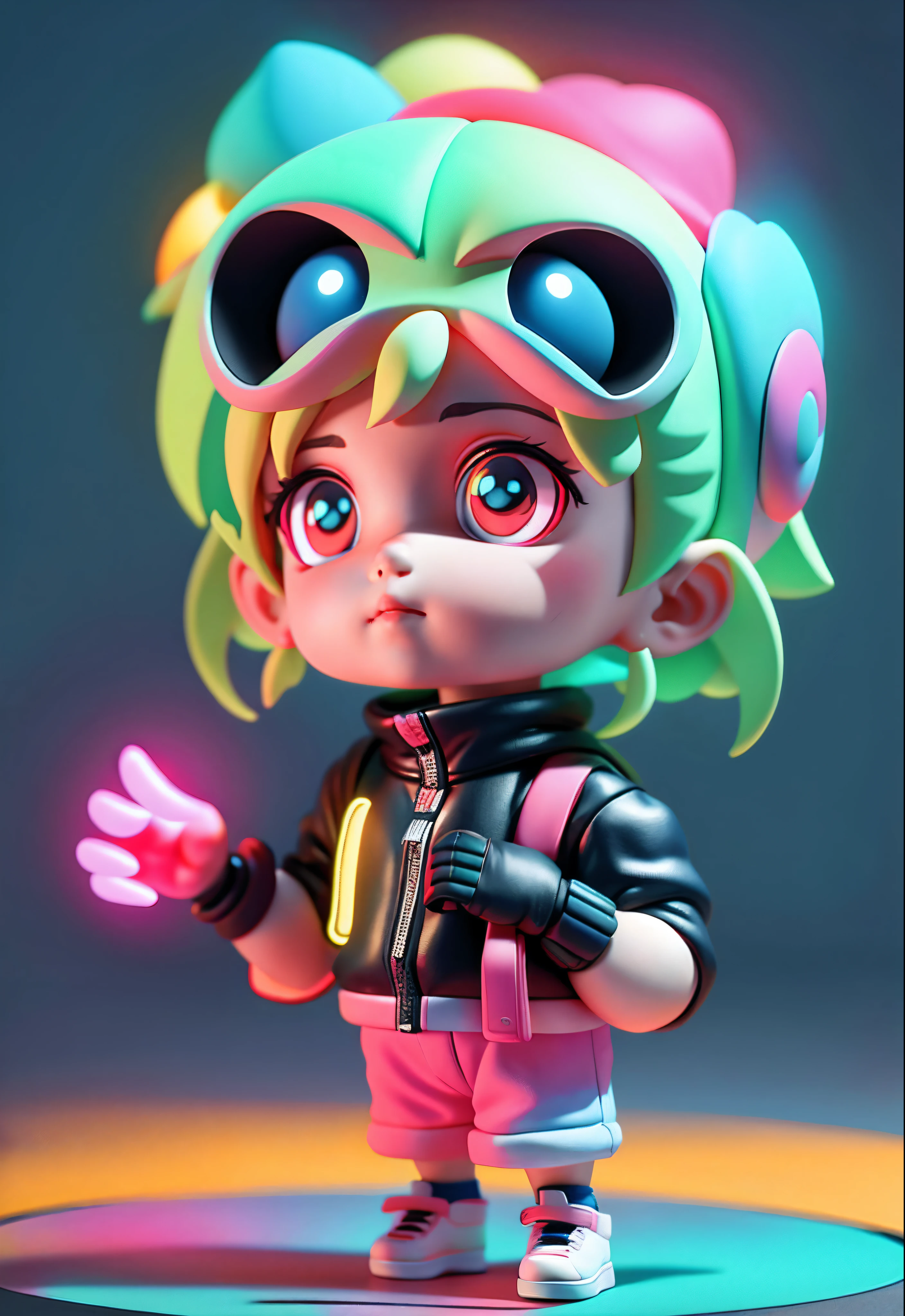 full bodyesbian,Standing in the middle of the road, Neon Street in the background, ,tchibi,, Candy color,3D toys, Cyberpunk Style, Octane rendering --AR3:4--Seed 1341316513--S180--niji5--Style expression