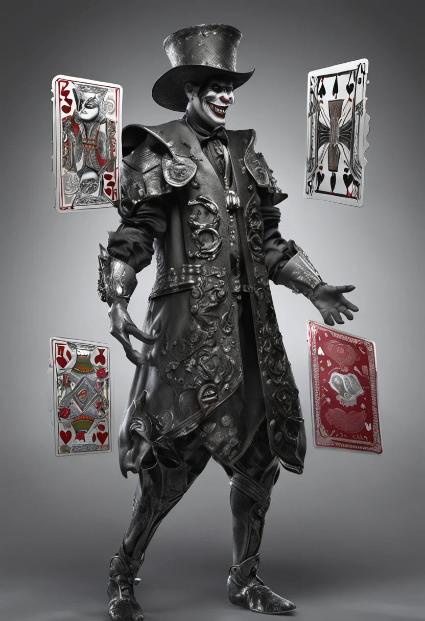 Create full-body digital images in 3D style,Combined with dark fantasy elements. 动态照明,Highlight intricate details. Clear focus and a resolution of at least 4K will ensure a high-quality image. A black background with floating playing cards adds a touch of magic and mystery to the composition. The composition should be perfect. The style of the image should resemble a watercolor, Pastel colors enhance the dark and mysterious atmosphere. The protagonist is a well-portrayed full-body clown, With a striking minimalist mask, No decorations or other details, The shiny silver conveys a mysterious and charming smile, Hide teeth. At the top of the mask, A huge red gemstone stands out. The clown wears a unique and simple black clown suit,With white details, There is also a batwing hat,Adding a touch of mystery..