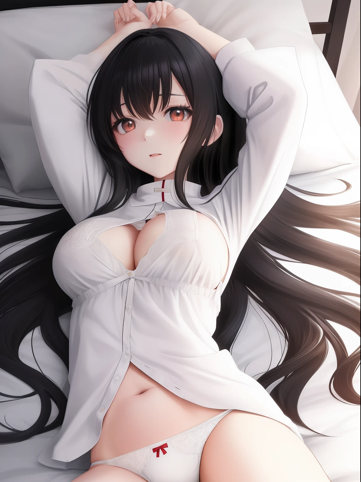 Anime Girl, laying on a bed, covering her breasts with her arms, medium breasts, looking at the viewer, white panties, long black hair, white eyes