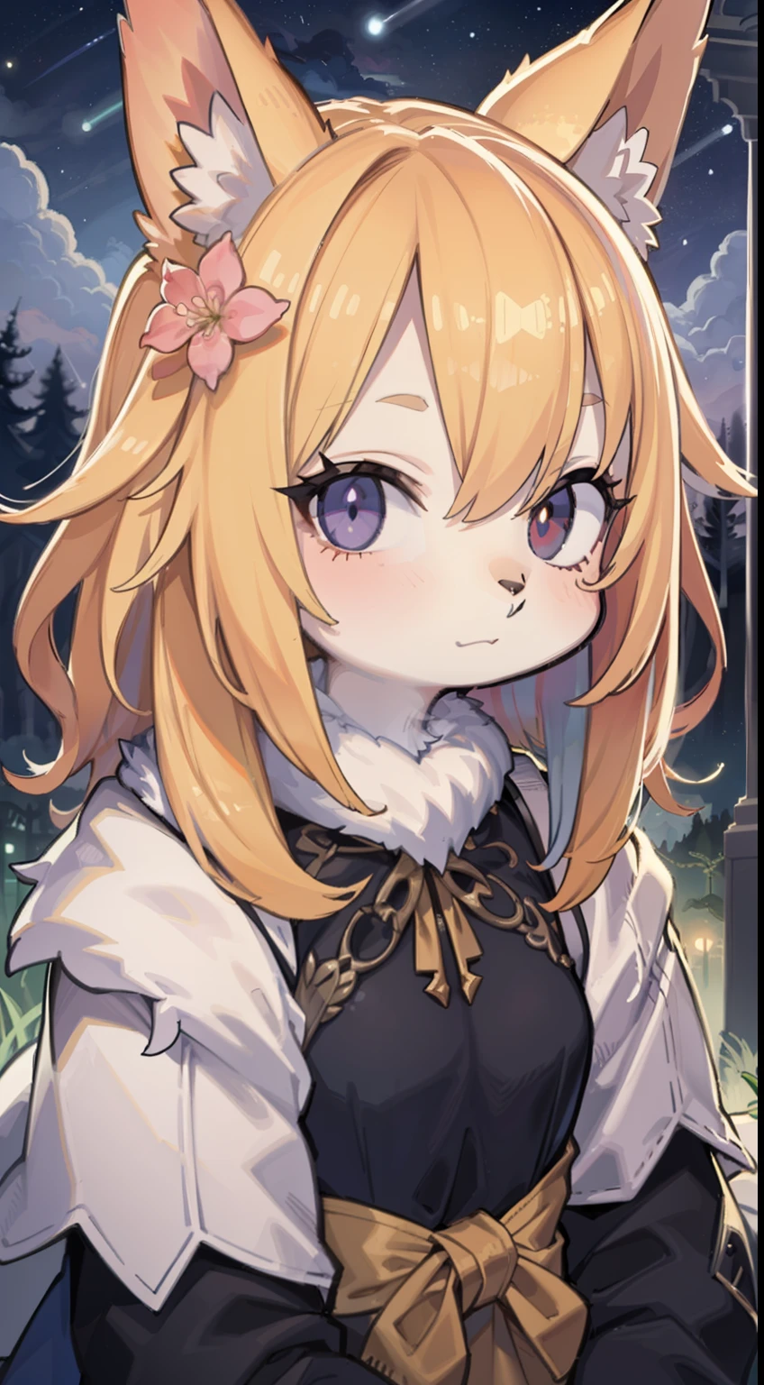 Fox boy，Pubien poilu，hirsute，Fourrure de peau，golden fur，Golden yellow fur,cheveux blonds courts et raides，Eyes have light，yeux rouges，Visage super mignon，Brown elements on fur，Manteau marron capuchon haut，Beautiful lights and shadows，ambient light，Fourrure ultra-fine，volumettic light，Nuit,natural light，queue moelleuse，Nuit，Starrysky，vaste paysage，crossed bangs, Hairline, cheveux brillants, cheveux de nuque solitaire, ，dilated pupils，somnolent，（Lune pleine：1.2），（Meteors：0.9），（Cloud of stars：1.3），Inside the cherry blossom forest，Les fleurs de cerisier tombent，（warm light source：1.2），（ver luisant：1.2）， violet et orange，Complicated details，volumeric lighting，Realistic breakthrough（tmasterpiece：1.2）（beste-Qualit），4K，Ultra-delicate，（Configuration dynamique：1.4），Very detailed and colorful details，（Couleur irridescente：1.2），（glowing lighting，atmospheric lighting），Magical dream，magie，（solo：1.2）