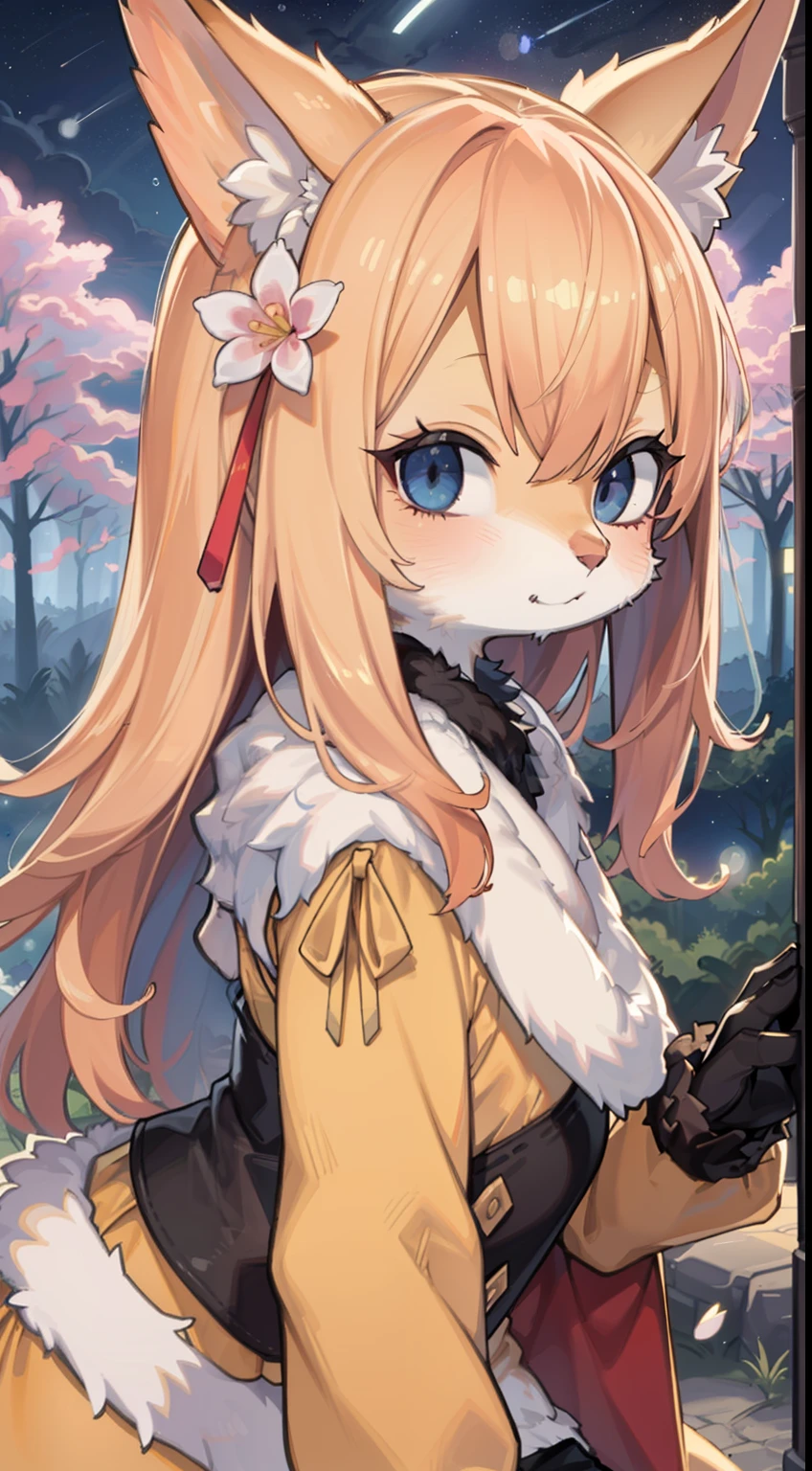 Fox boy,Pubien poilu,hirsute,Fourrure de peau,golden fur,Golden yellow fur,cheveux blonds courts et raides,Eyes have light,yeux rouges,Visage super mignon,Brown elements on fur,Manteau marron capuchon haut,Beautiful lights and shadows,ambient light,Fourrure ultra-fine,volumettic light,Nuit,natural light,queue moelleuse,Nuit,Starrysky,vaste paysage,crossed bangs, Hairline, cheveux brillants, cheveux de nuque solitaire, ,dilated pupils,somnolent,(Lune pleine:1.2),(Meteors:0.9),(Cloud of stars:1.3),Inside the cherry blossom forest,Les fleurs de cerisier tombent,(warm light source:1.2),(ver luisant:1.2), violet et orange,Complicated details,volumeric lighting,Realistic breakthrough(tmasterpiece:1.2)(beste-Qualit),4K,Ultra-delicate,(Configuration dynamique:1.4),Very detailed and colorful details,(Couleur irridescente:1.2),(glowing lighting,atmospheric lighting),Magical dream,magie,(solo:1.2)