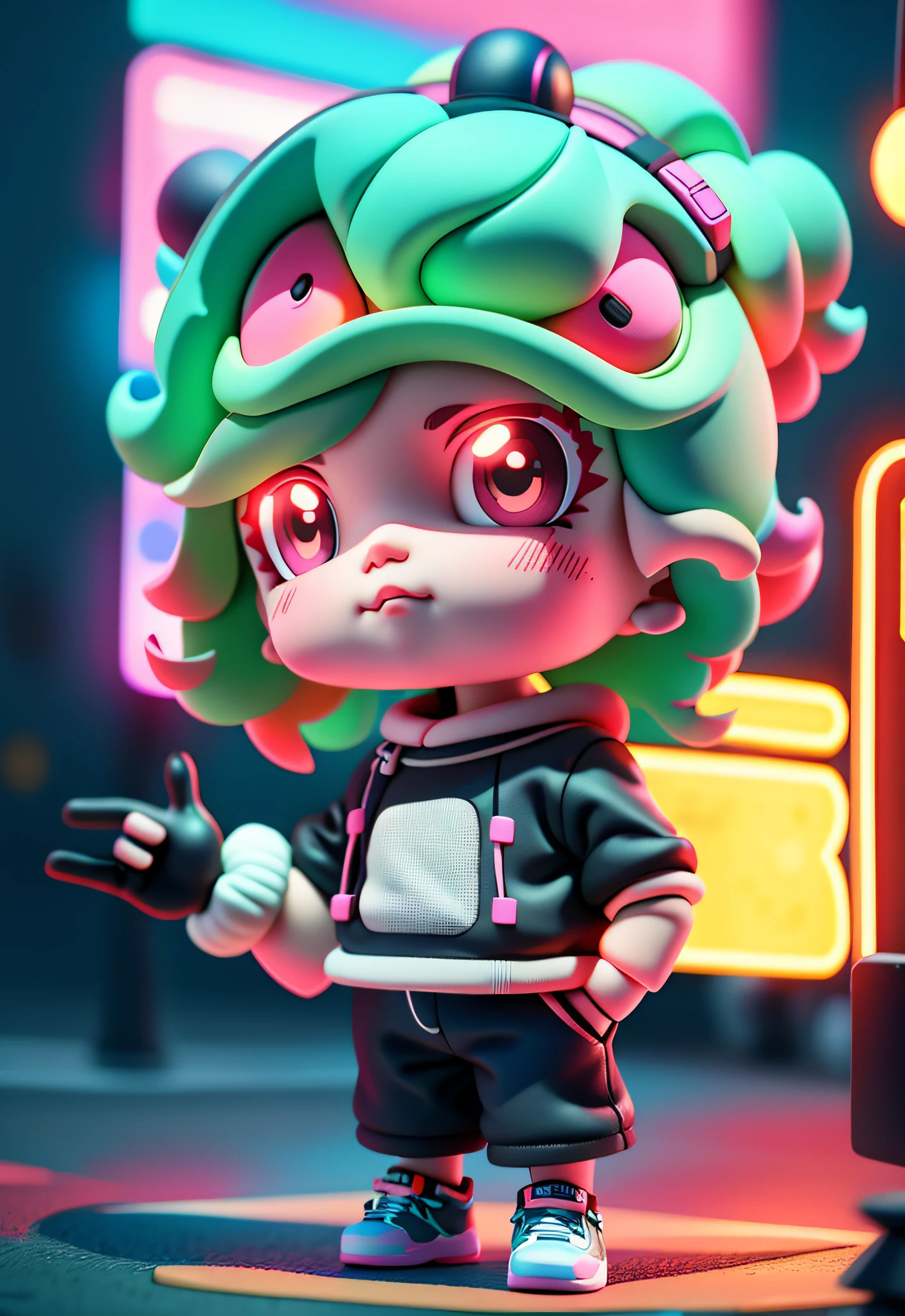 full bodyesbian,Standing in the middle of the road, Neon Street in the background, Cute little boy,tchibi,, Candy color,3D toys, Cyberpunk Style, Octane rendering --AR3:4--Seed 1341316513--S180--niji5--Style expression