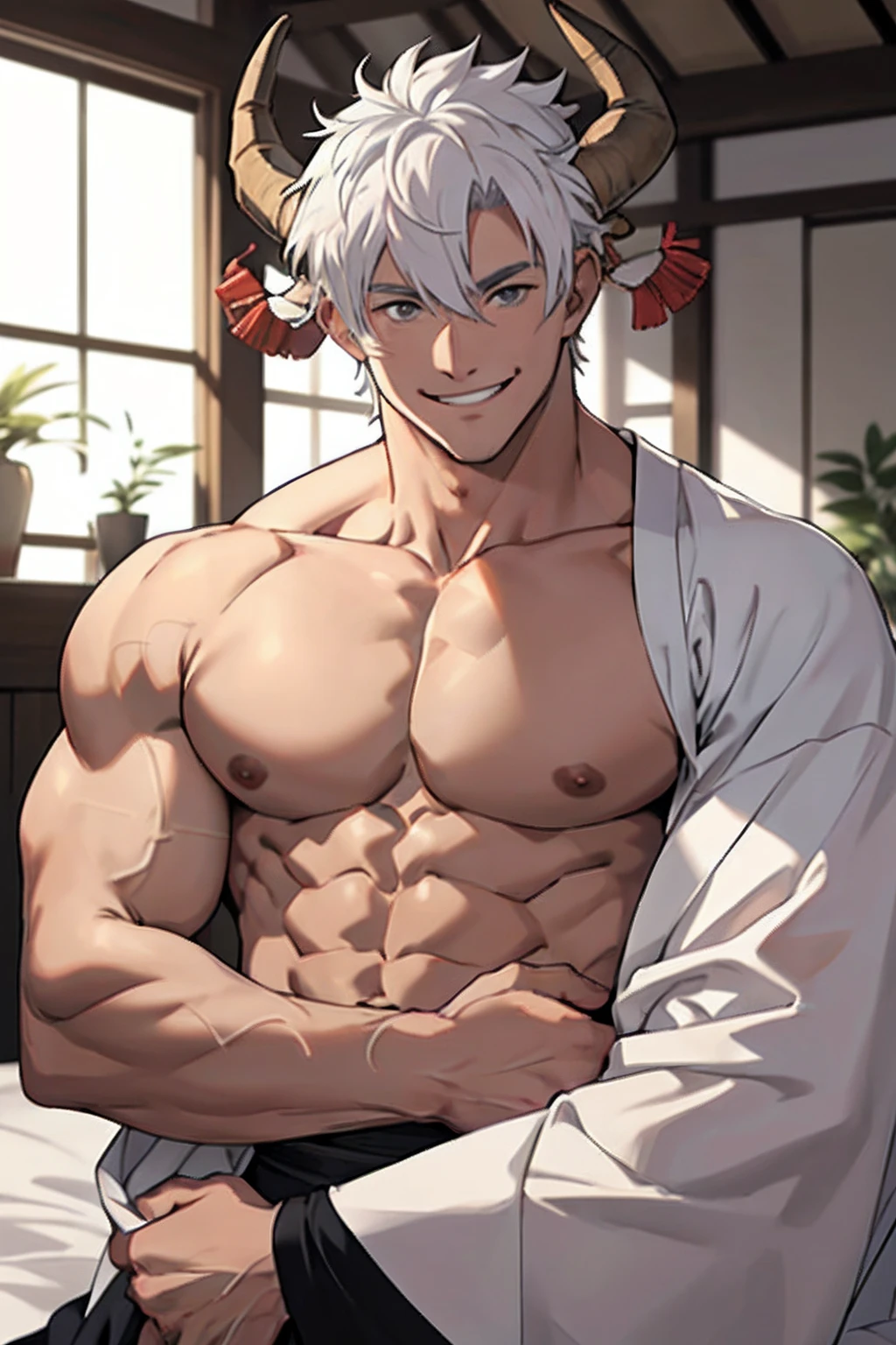 Male, human, Solo, Anime, muscular, abs, pecs, thin build, white hair, curled ram horns, smiling, kimono being held open, laying in a bed, looking at viewer.