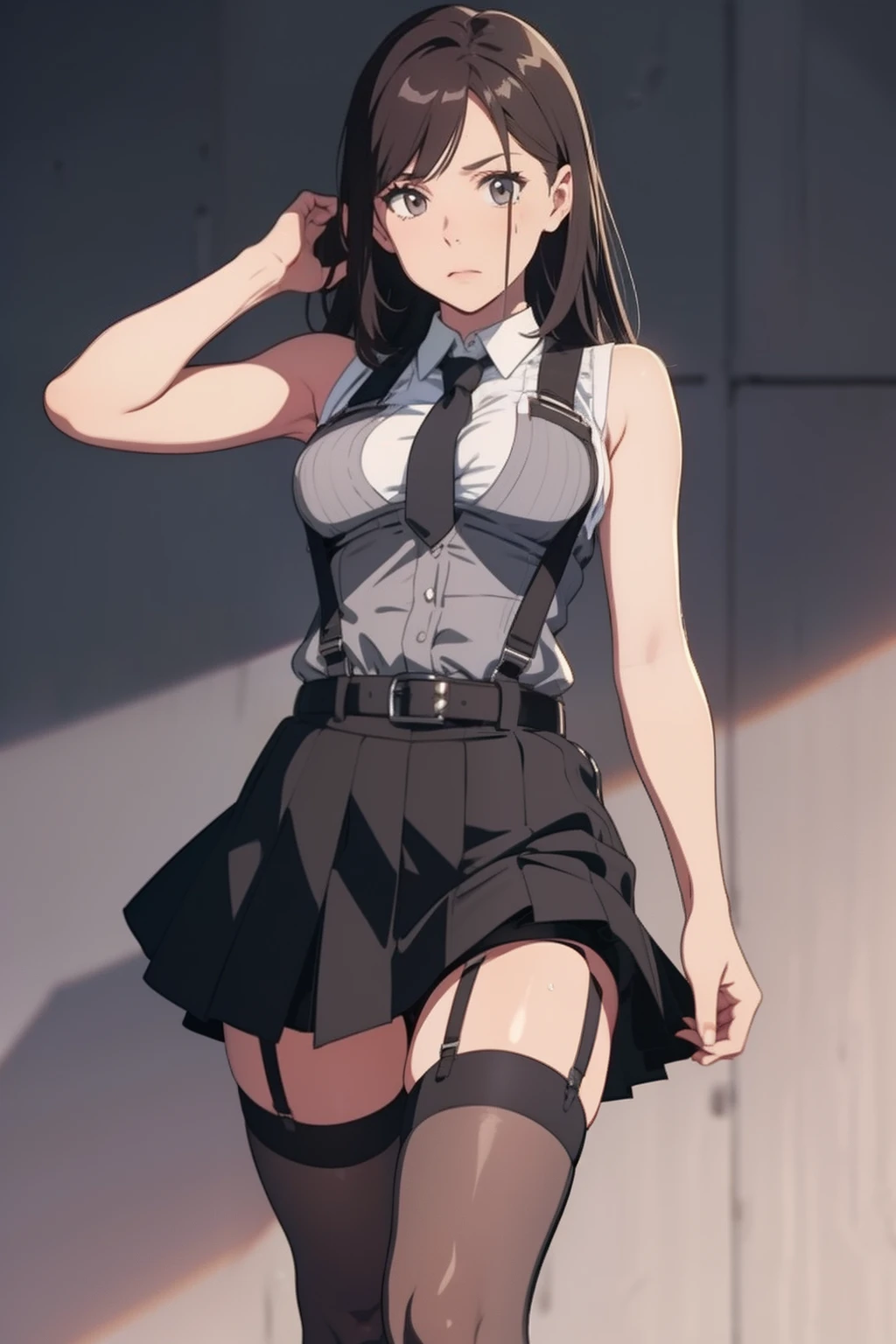 Black skirt, 　suspenders, Brown hair Gray eyes, Garter belt on the legs, Tight clothes, 　　 a belt　Armpit sweat　　deadpan　Moderate breasts tank top