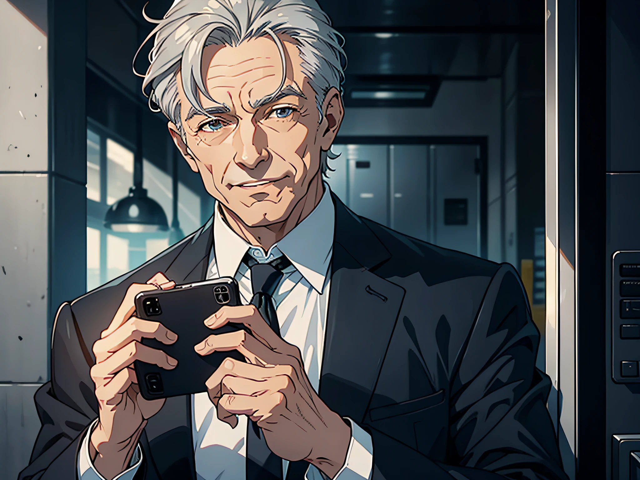 A gray-haired rich man is happy,holding cell phone