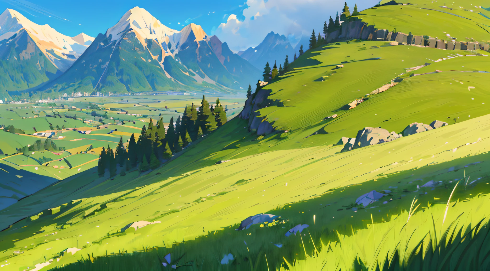 Masterpiece, ultra stylized mountain grass greenish, anime style 2d drawing cinematic grass shot, ambience shot, relaxing and calming, waving green grass on a green field on a mountain, 4k, Ultra realistic anime stylized