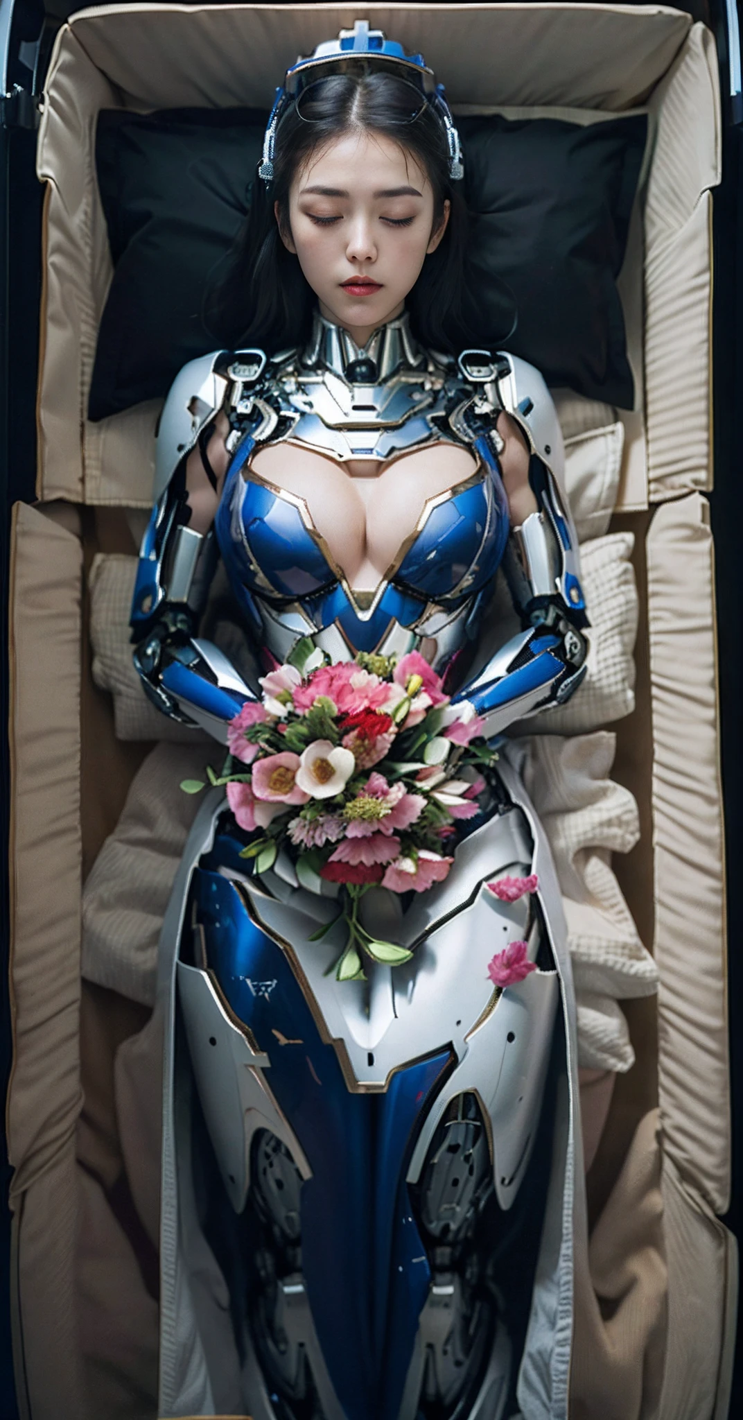 ((black casket)), ((black pillow)), 1 girl, ((mecha musume)), flying in space, bare thigh, full body shot, long legs, long hair, colorful theme, ((mechanical parts)), ((super robot joints)), ((headgear)), ((mechanical armor)), (8k, RAW photo, best quality, masterpiece:1.2), (realistic, photo-realistic:1.37), ultra high res, photon mapping, radiosity, physically-based rendering, professional soft lighting, red lips, large breasts, ((eyes closed)), ((closed mouth)), ((head is on pillow)), (interlocked_fingers:1.2), (own_hands_together:1.2), ((holding a flower bouquet))