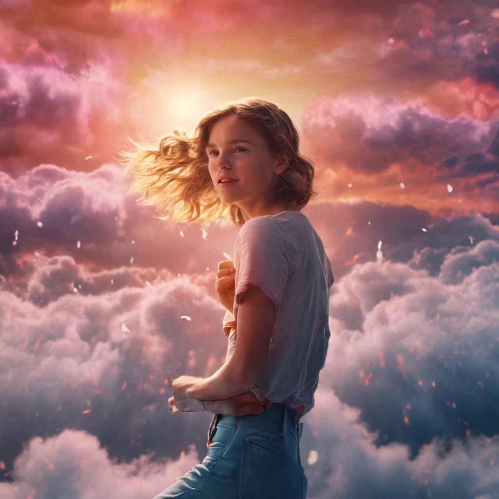 best quality, movie still, 1girl, girl in the clouds, floating in the sky, close-up, bright, happy, soft and warm lighting, sunset, (sparks:0.7)