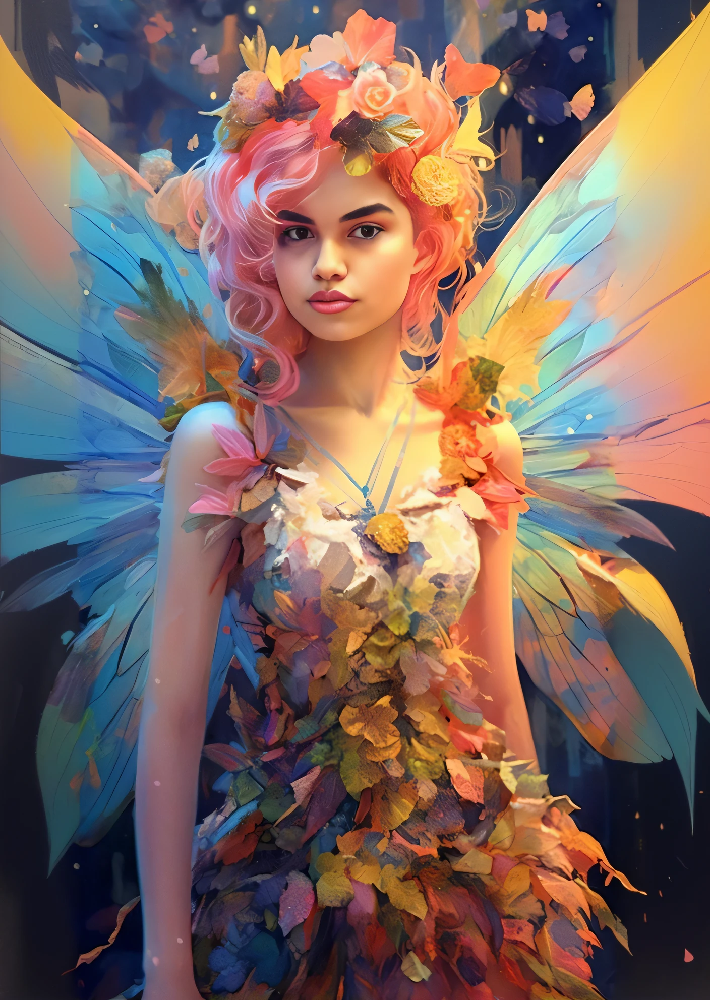 um close up de uma mulher com um vestido florido e asas, arte fantasia behance, Retrato de uma fada, Retrato da fada, RossDraw pastel vibrante, arte de fantasia digital colorida, Beeple e Jeremias Ketner, Ross Tran 8 K, fantasy painterly style, lindo arte digital, Estilo Ross Tran, arte de fantasia digital ), bela arte digital