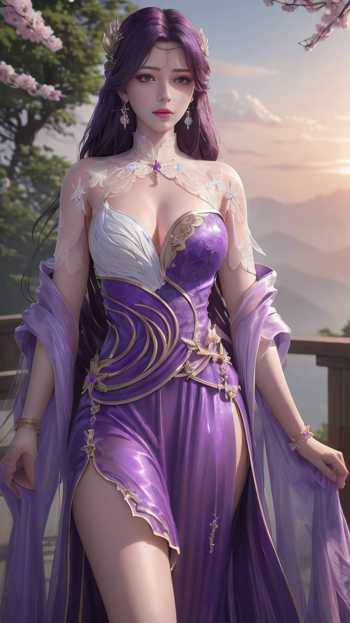 (,1girll, angle of view,Best quality, ) , (((,1girll, Solo, Large breasts, view the viewer, Cherry blossoms, , purple_Hair, purple_Eyes, Long_Hair, Breasts, Solo, Cloud, jewelry, dress, Sunset, sky ))) ultra realistic 8k cg, Flawless, Clean, Masterpiece, Professional artwork, Famous artwork, Cinematic lighting, Cinematic bloom, Perfect face, Beautiful face, fantasy, Dreamlike, unreal, Science fiction, Lace, Lace trim, lace-trimmed legwear, luxury goods, jewelry, Diamond, gold, the pearl, Pedras preciosas, Sapphire, Ruby, Emerald, intricately details, Delicate pattern, Charming, Alluring, Seductive, Erotic, Enchanting, hair adornments, necklace, Earrings, Bracelet, armlets,Halo,Autumn,
