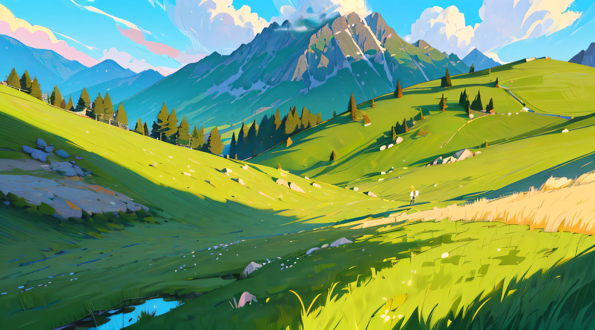 Masterpiece, ultra stylized mountain grass greenish, anime style 2d drawing cinematic grass shot, ambience shot, relaxing and calming, waving green grass on a green field on a mountain, 4k, Ultra realistic anime stylized