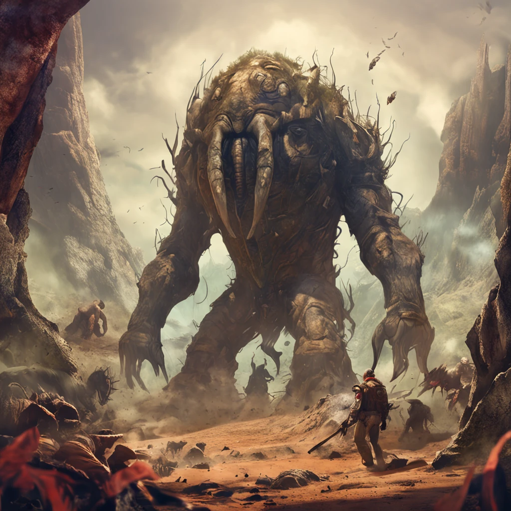 Giant creatures(divino)It is a giant creature that lives underground,Alien natives fight against the alien invasion army,Also known as the god of the earth by the locals, He rushed out of the ground(Ground)Join the battlefield,The size of the giant creature avatar,The state of rushing out and the environment of the battlefield, The magnificence of the battlefield, (There are a lot of people), Sacrifice and prayer, (Horizontal composition)Smog Fog is pervasive