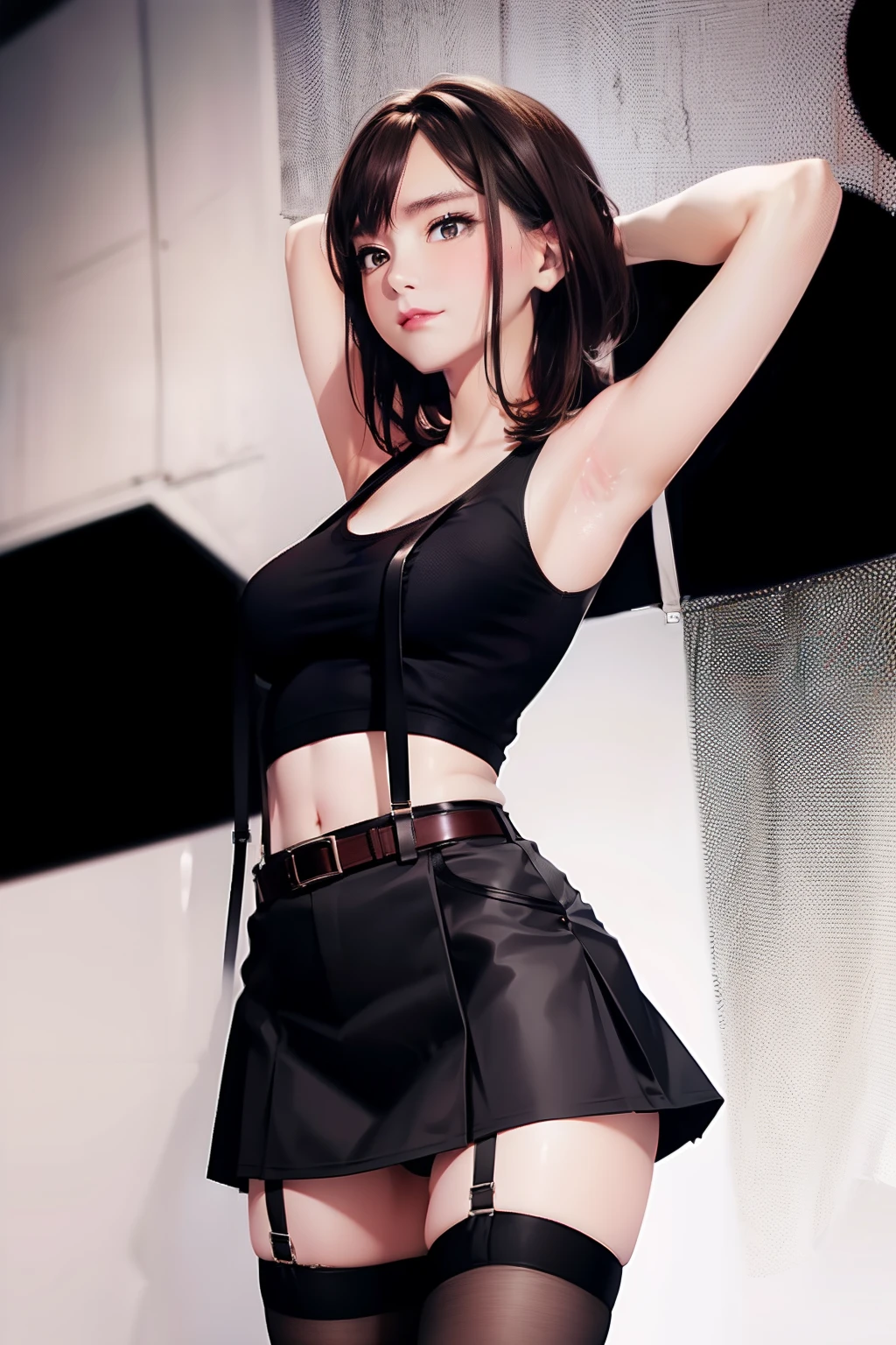 Black skirt, 　suspenders, Brown hair Gray eyes, Garter belt on the legs, Tight clothes, 　　 a belt　Armpit sweat　　deadpan　Moderate breasts tank top