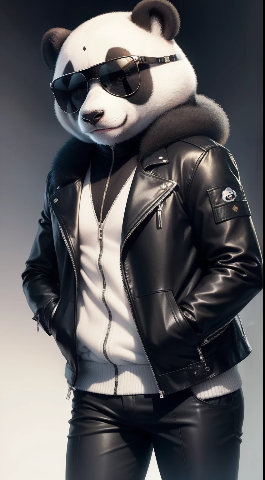 Fashionably dressed animals,Anthropomorphism of giant panda,With sunglasses,dressed in leather jacket