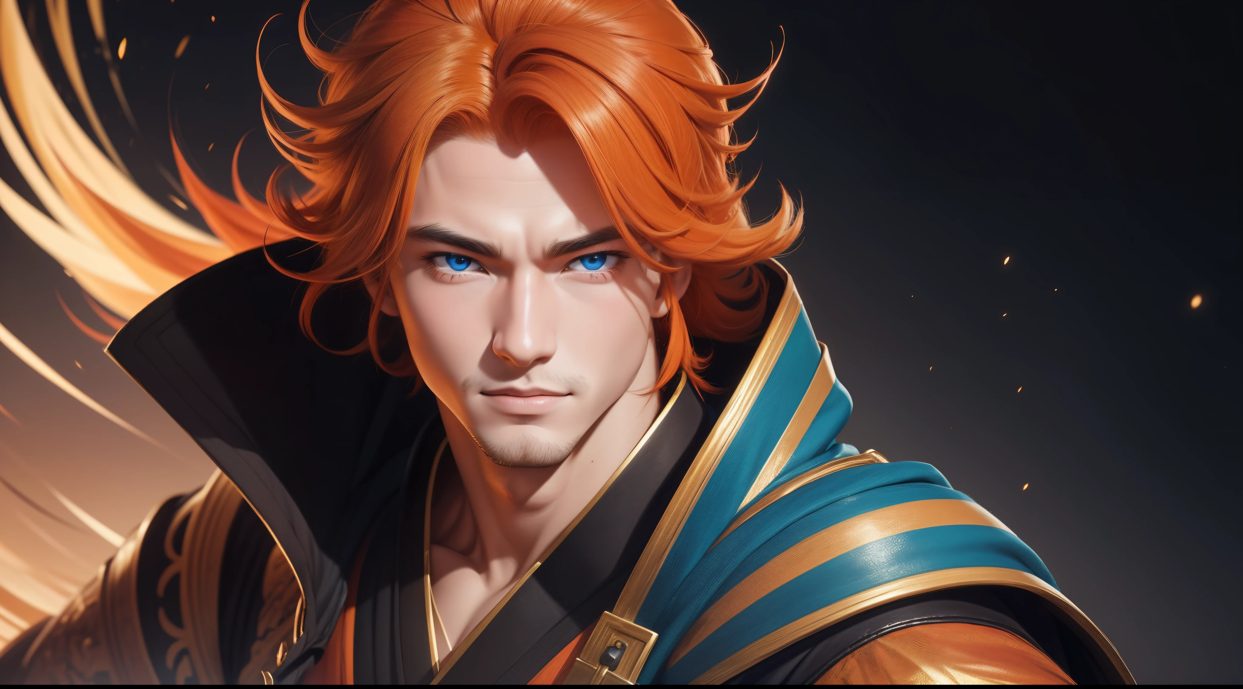 "Cheerful Madara 20 years old is a real masterpiece with masculine beauty, perfect anatomy. Olpntng style, colorful rainbow, golden samurai outfit, clean design, epic Instagram, artstation, full streaks of paint, circles, contours. When you look at him Beautiful eyes you will clearly see every small detail and perfect line, every detail on the skin is beautiful in 8K quality everyone. We will be captivated by the confidence radiating from every look. His head has orange hair and his face is meticulously drawn in every detail with 8K image quality."