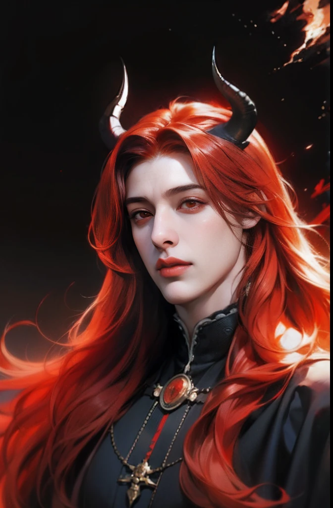 Man, red hair, orange eyes, black horns, long hair, medieval background, boy