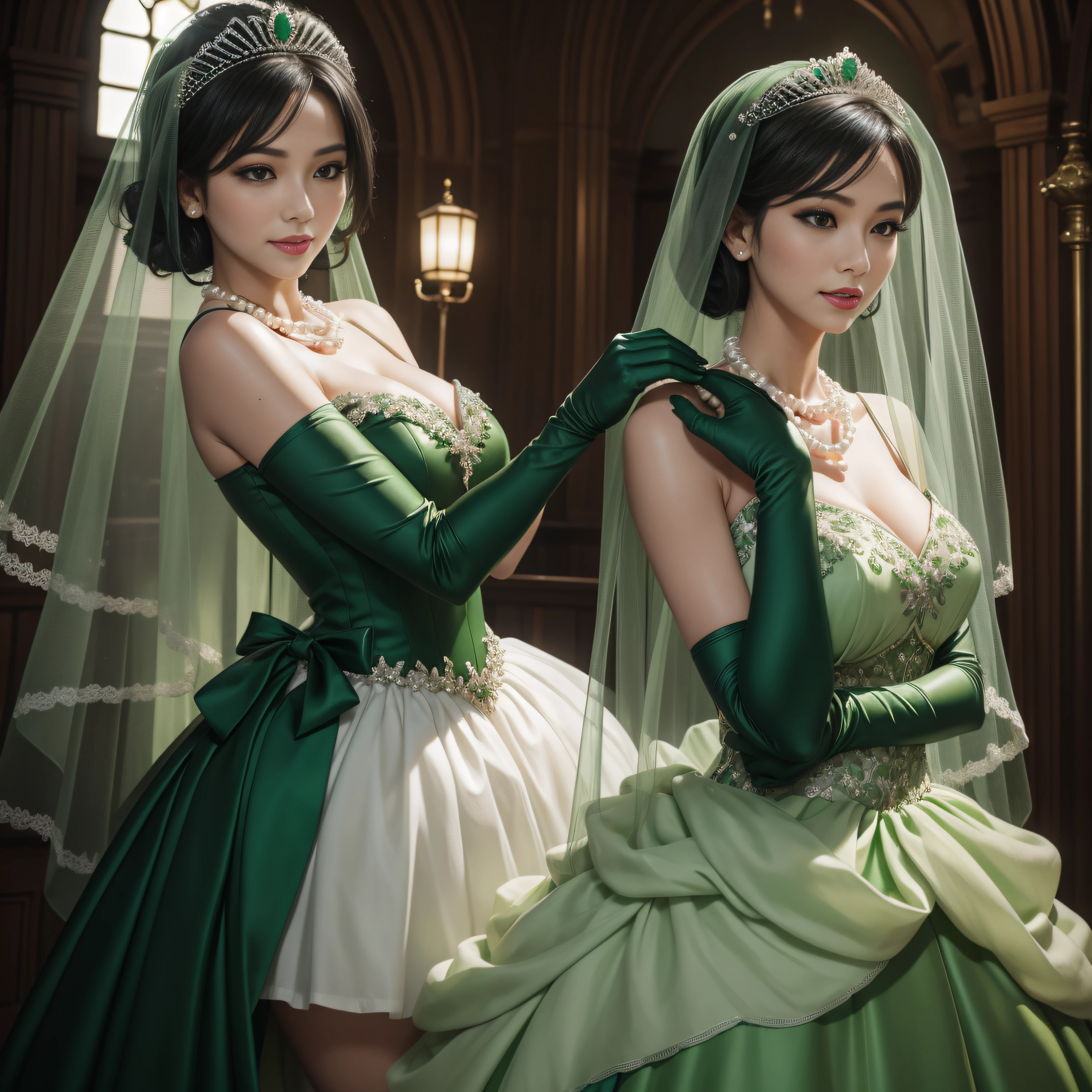 Green Dress Flower Cleanser,Sense of atmosphere, best qualtiy,tmasterpiece,1girll,30-years old,Green dress,Daytime Church,full body Esbian, Green gloves,With short black hair,big breasts beautiful,looking at viewert,ssmile,Green Bridal Veil,Green Long Grove,Satin green long gloves, lipsticks, Pearl Necklace、Green gloves, emerald tiara, A Japanese Lady, the kiss