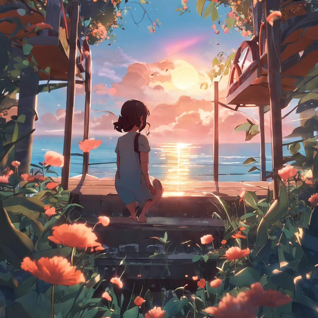 best quality, filme ainda, 1girl, anime, menina nas nuvens, floating into the sky, Close-up, brilhante, Feliz, Soft lighting and Warm, Sunset, (Sparks:0.7)