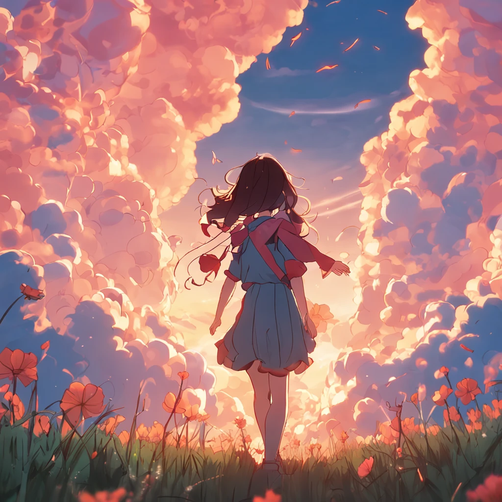 best quality, filme ainda, 1girl, anime, menina nas nuvens, floating into the sky, Close-up, brilhante, Feliz, Soft lighting and Warm, Sunset, (Sparks:0.7)